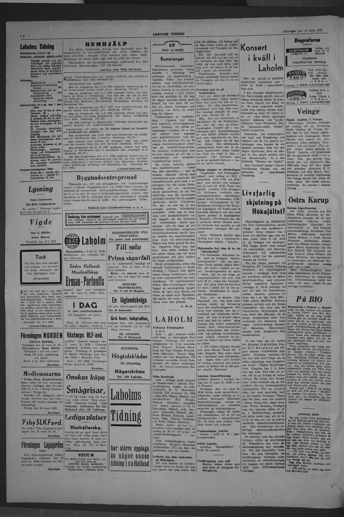 Laholms Tidning Måndag 10 mars 1952, sida 2