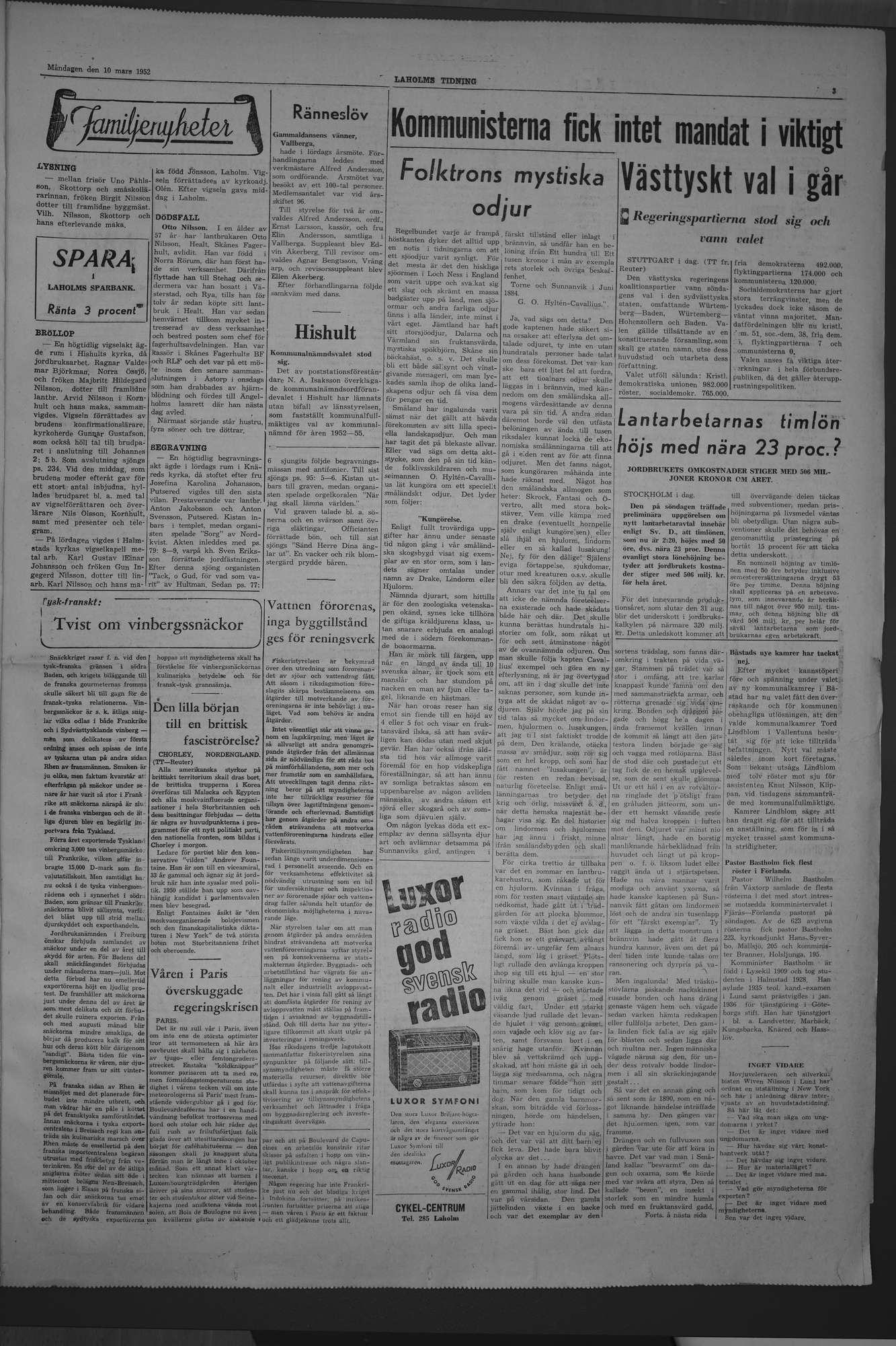 Laholms Tidning Måndag 10 mars 1952, sida 3