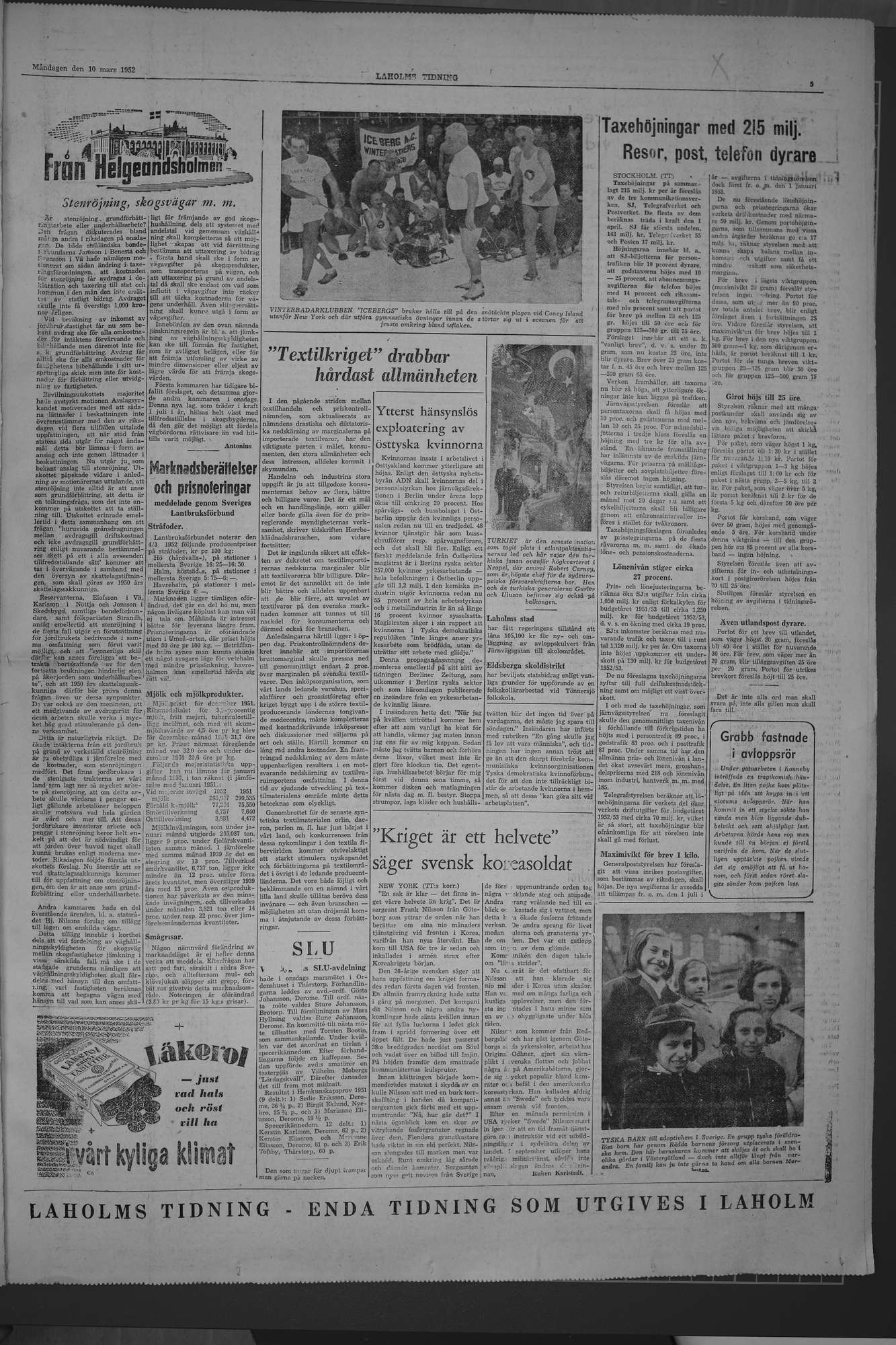 Laholms Tidning Måndag 10 mars 1952, sida 5