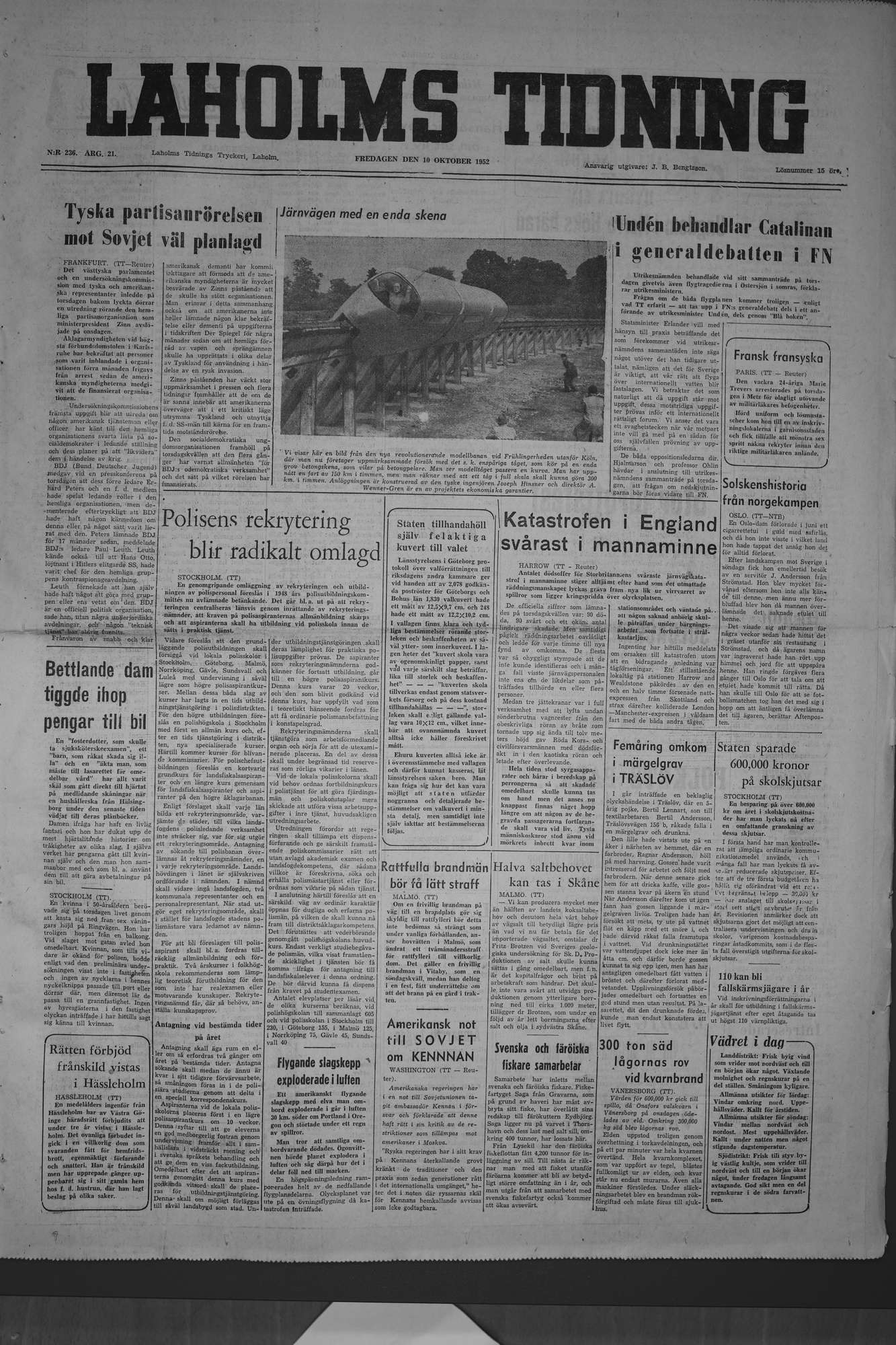Laholms Tidning Fredag 10 oktober 1952, sida 1