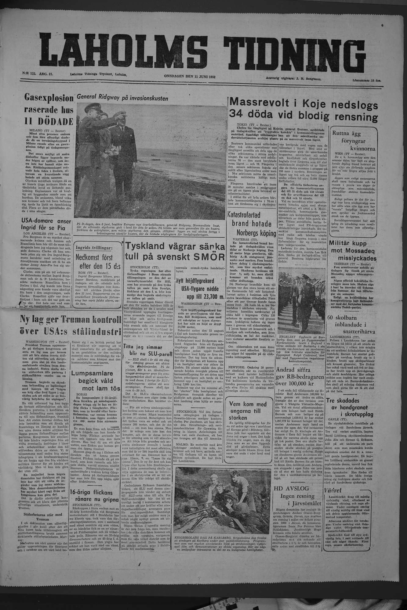 Laholms Tidning Onsdag 11 juni 1952, sida 1