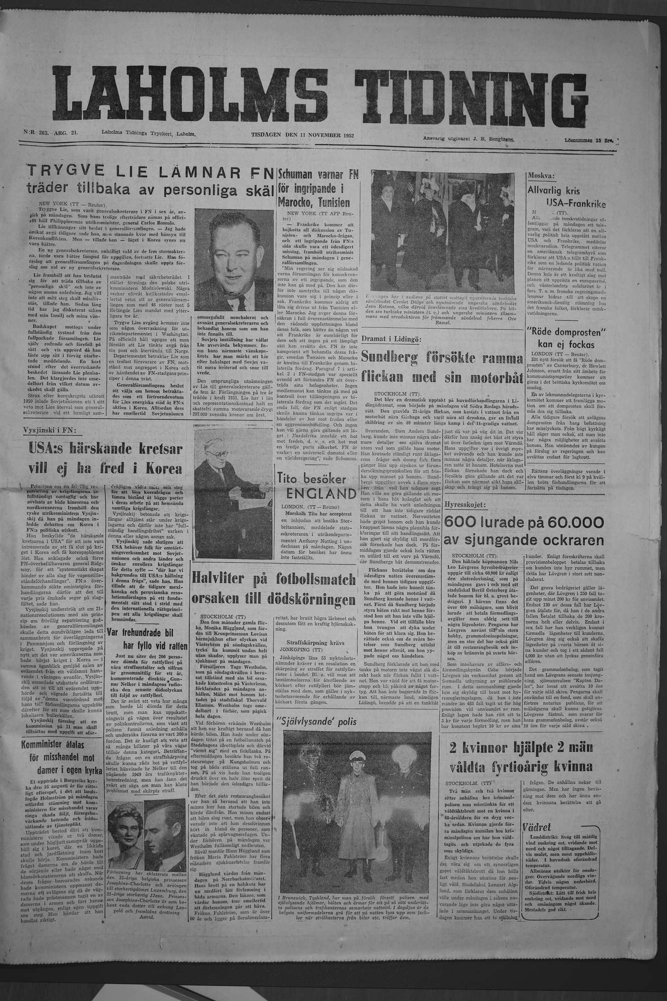 Laholms Tidning Tisdag 11 november 1952, sida 1