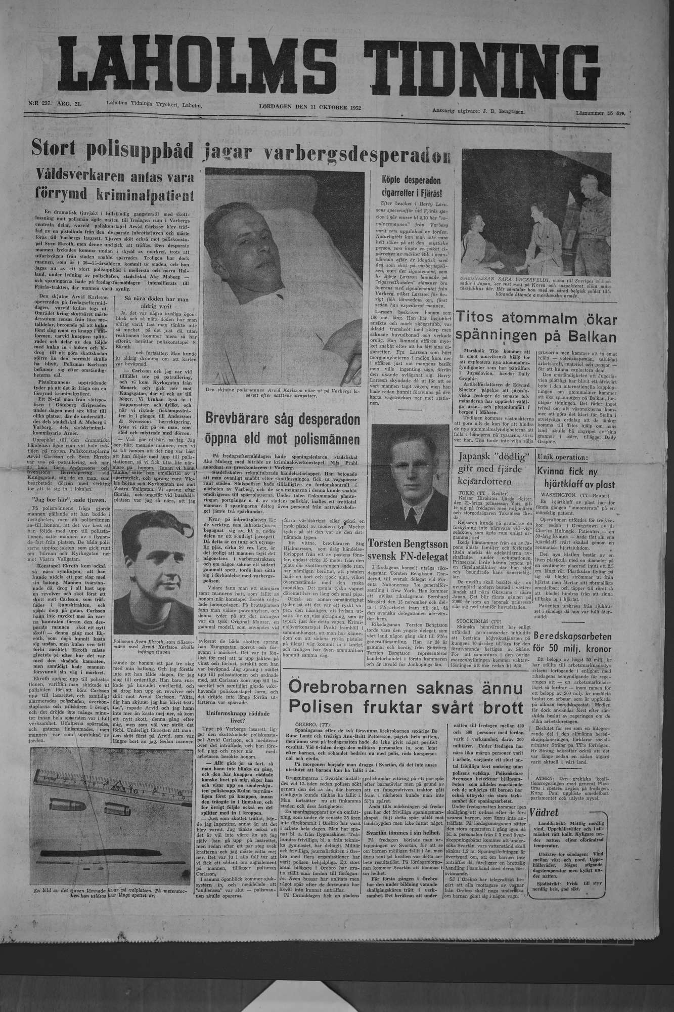 Laholms Tidning Lördag 11 oktober 1952, sida 1