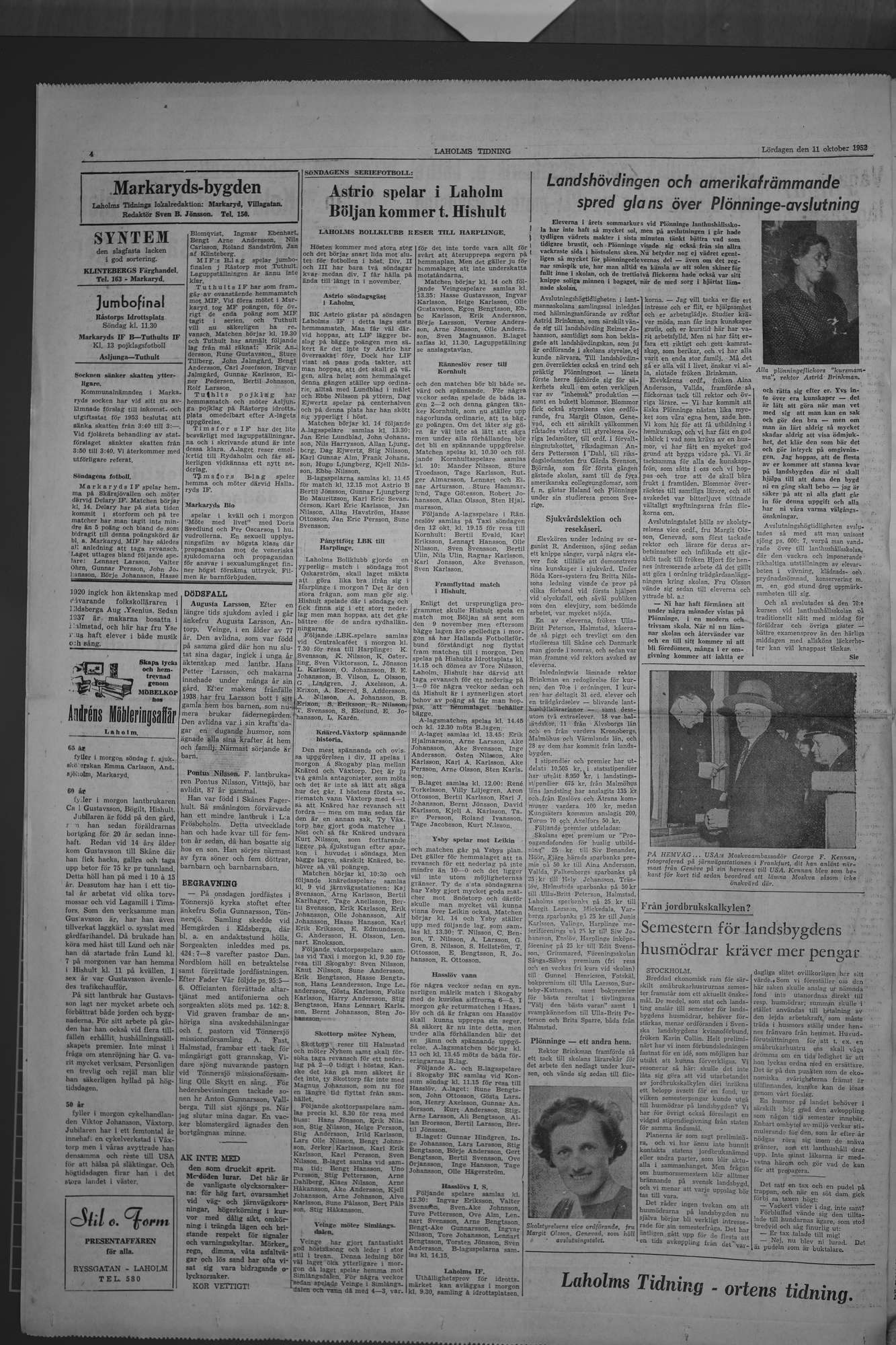 Laholms Tidning Lördag 11 oktober 1952, sida 4