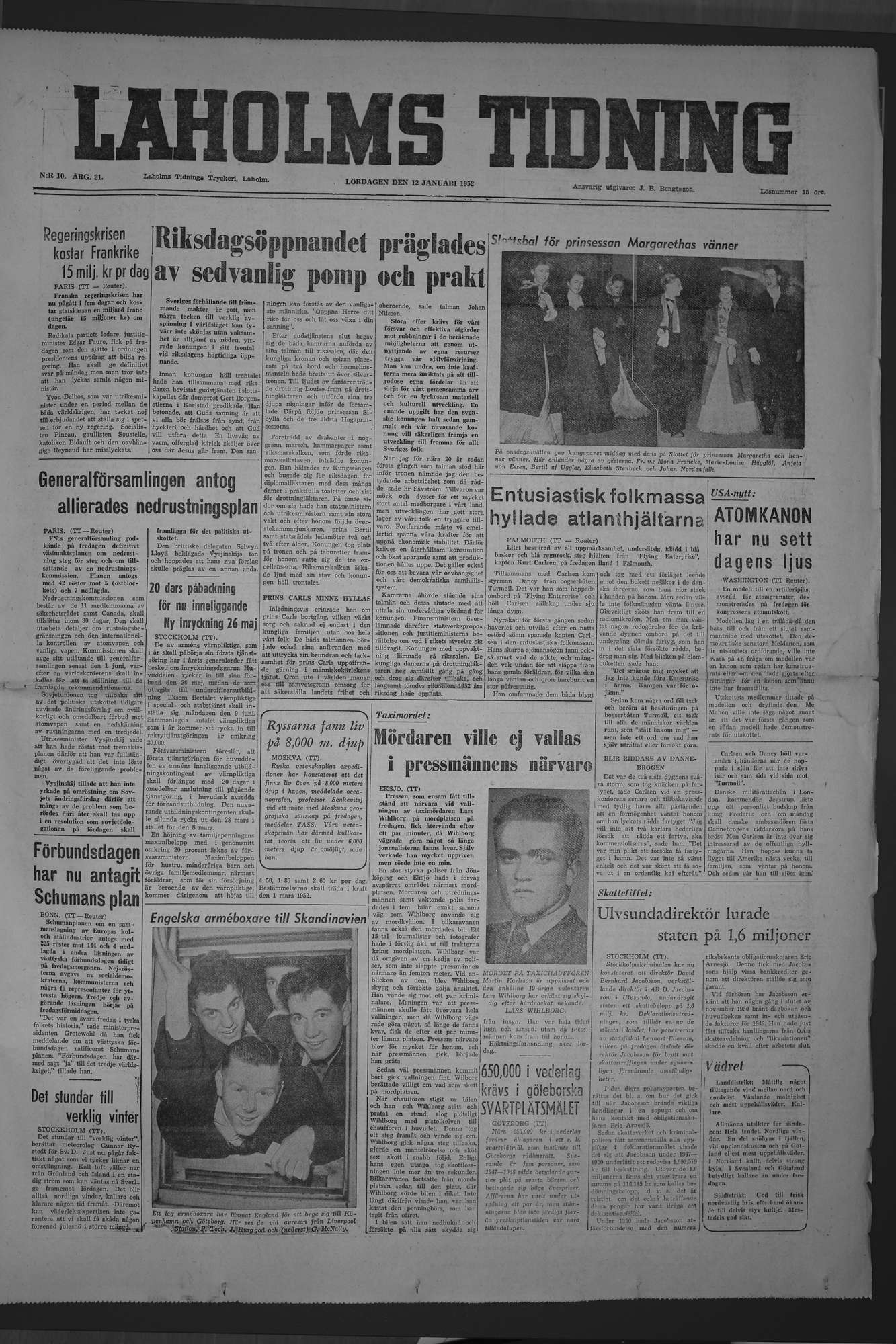 Laholms Tidning Lördag 12 januari 1952, sida 1