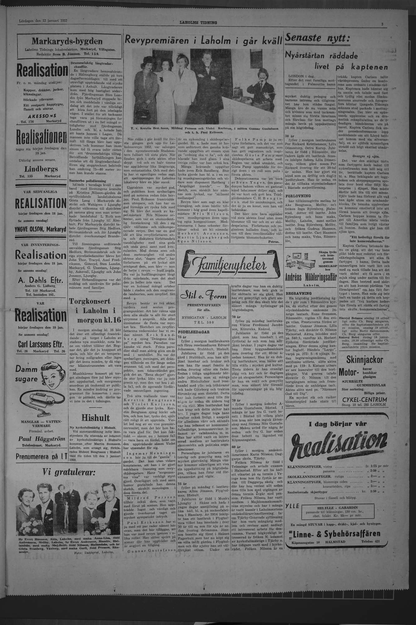 Laholms Tidning Lördag 12 januari 1952, sida 3
