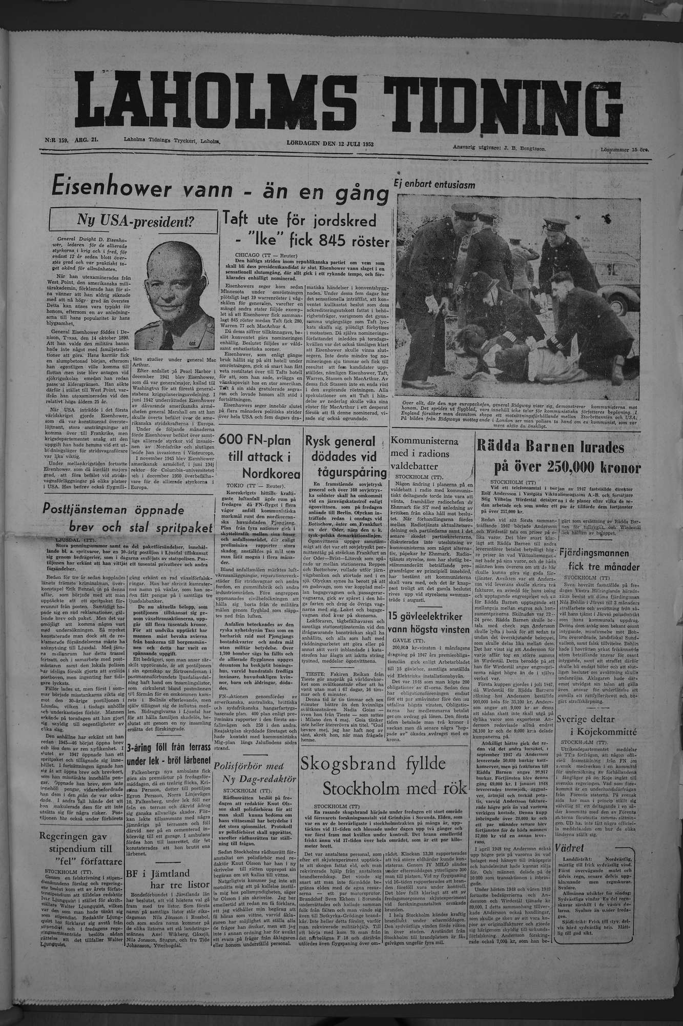 Laholms Tidning Lördag 12 juli 1952, sida 1