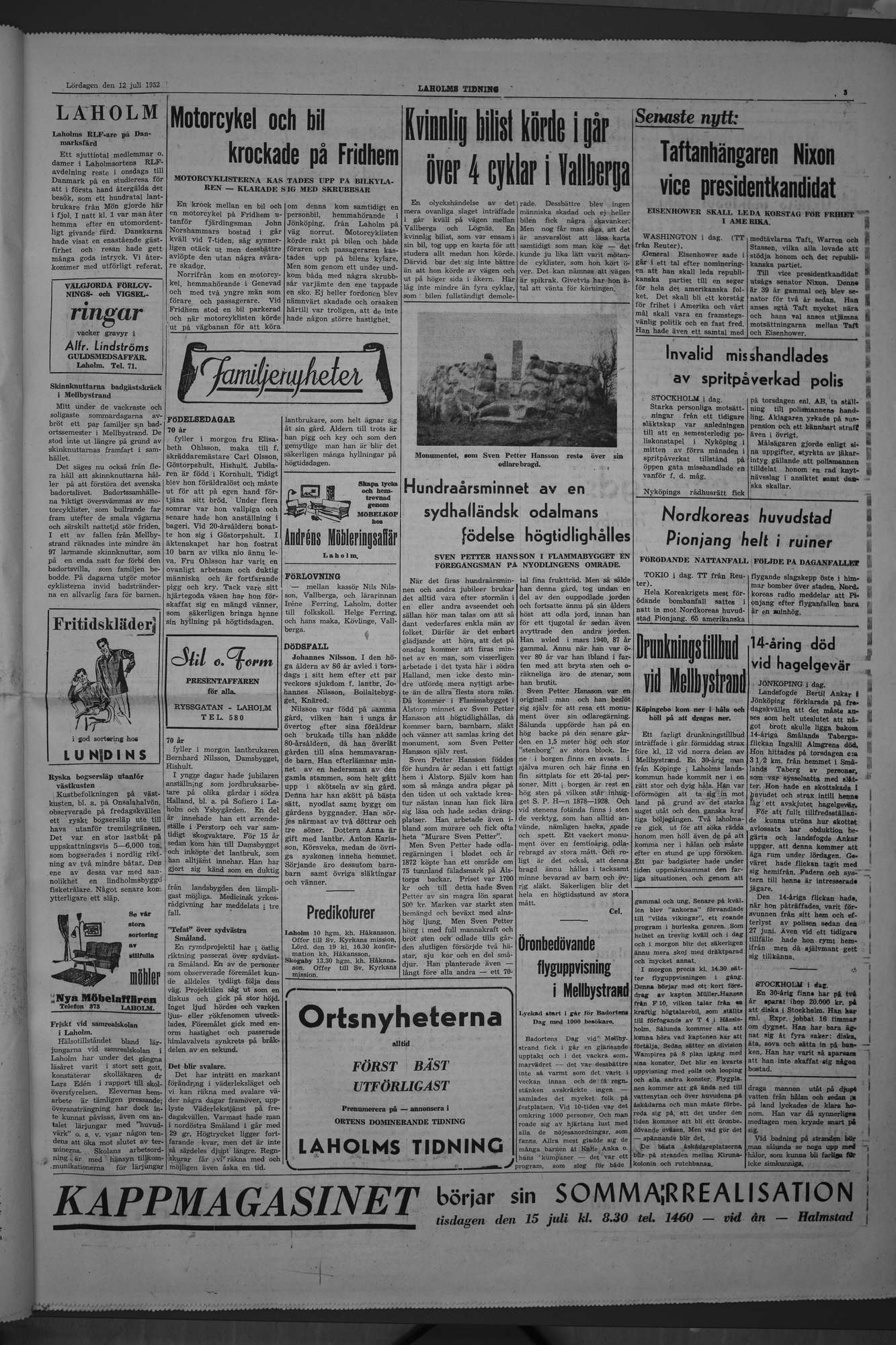 Laholms Tidning Lördag 12 juli 1952, sida 3