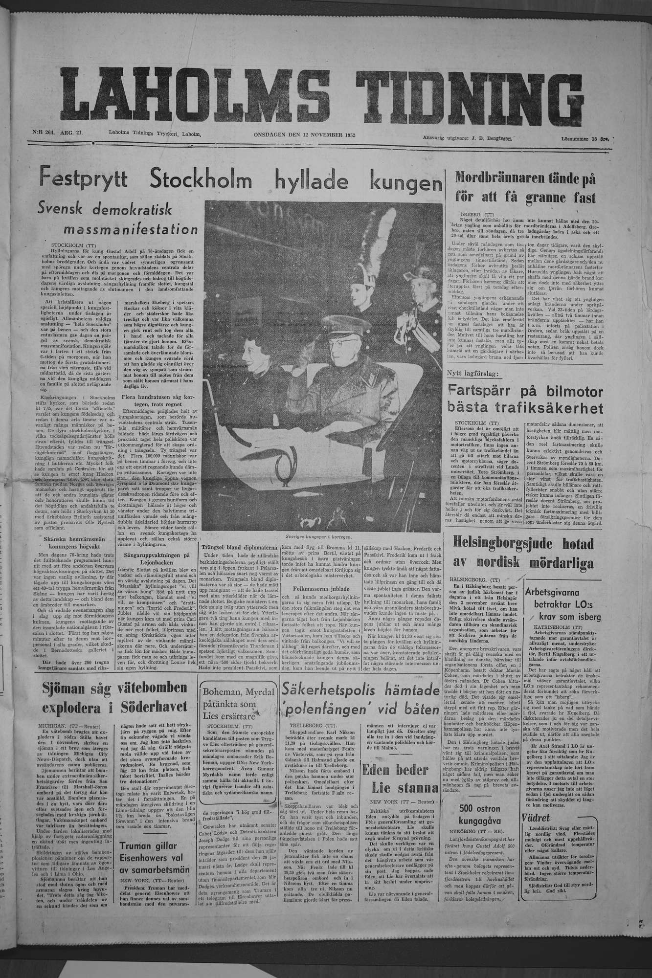 Laholms Tidning Onsdag 12 november 1952, sida 1