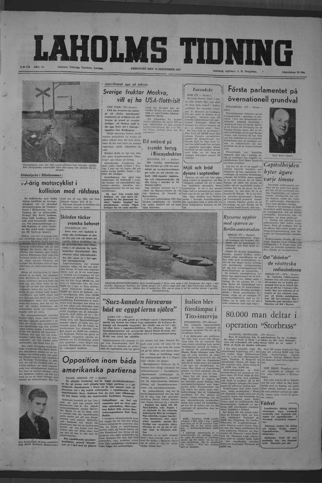 Laholms Tidning Fredag 12 september 1952, sida 1