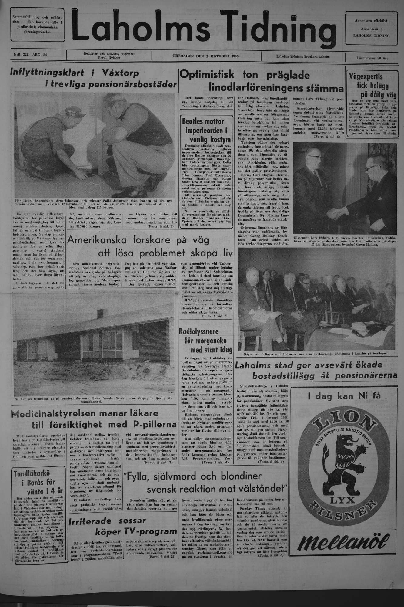 Laholms Tidning Fredag 1 oktober 1965, sida 1