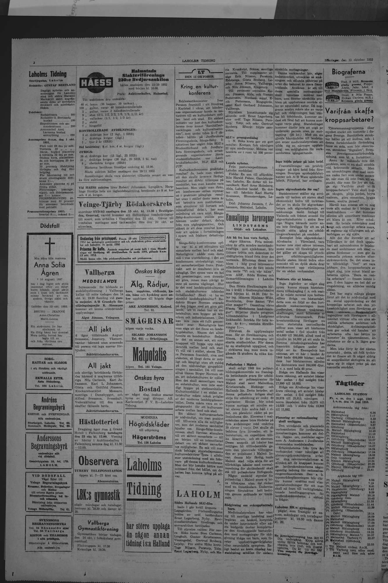 Laholms Tidning Måndag 13 oktober 1952, sida 2