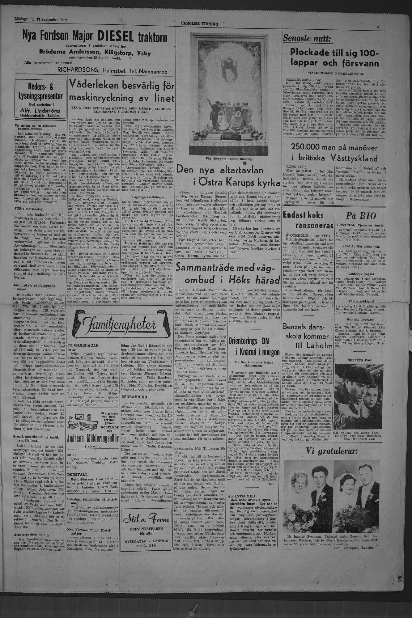Laholms Tidning Lördag 13 september 1952, sida 3