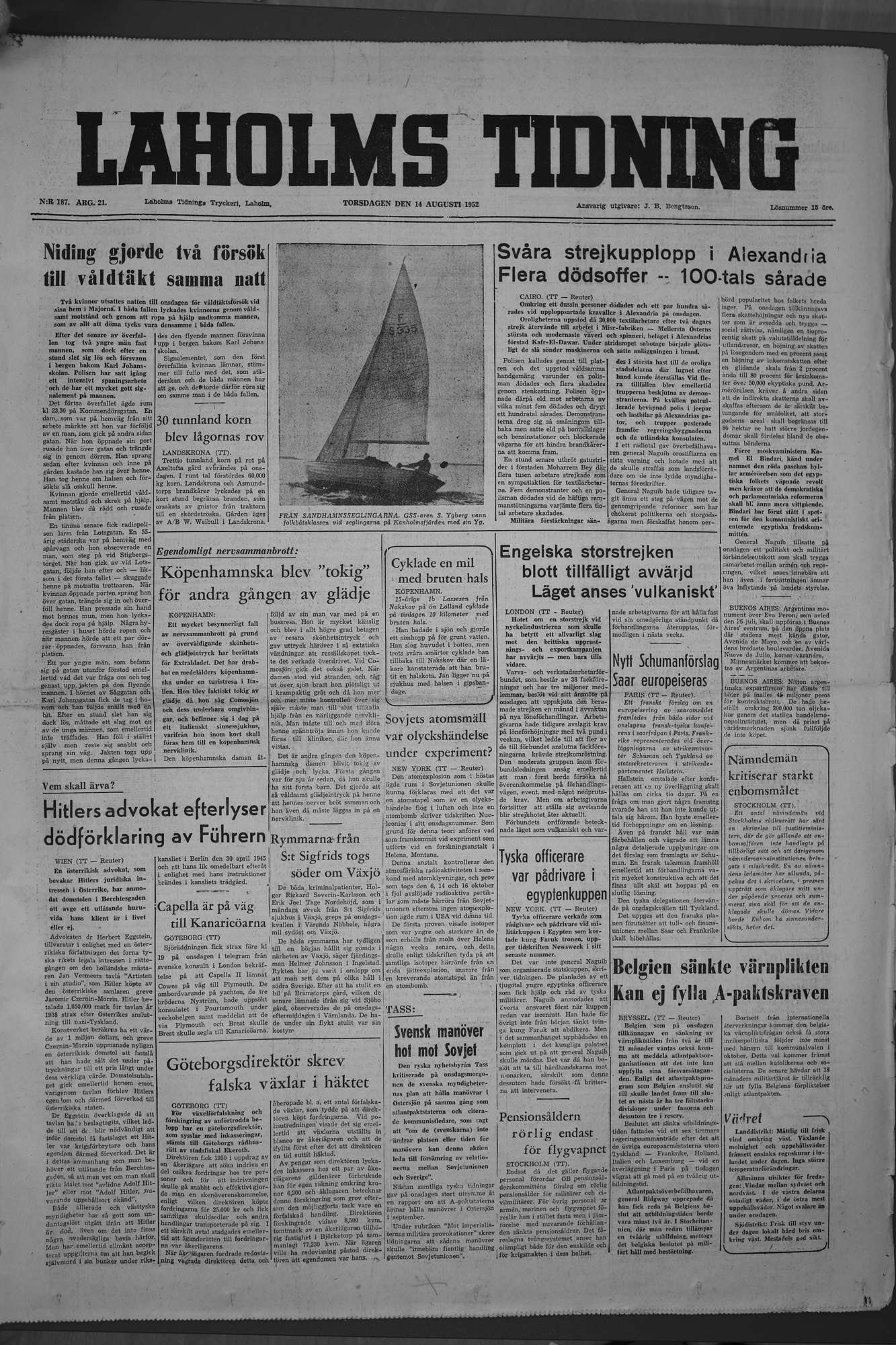 Laholms Tidning Torsdag 14 augusti 1952, sida 1