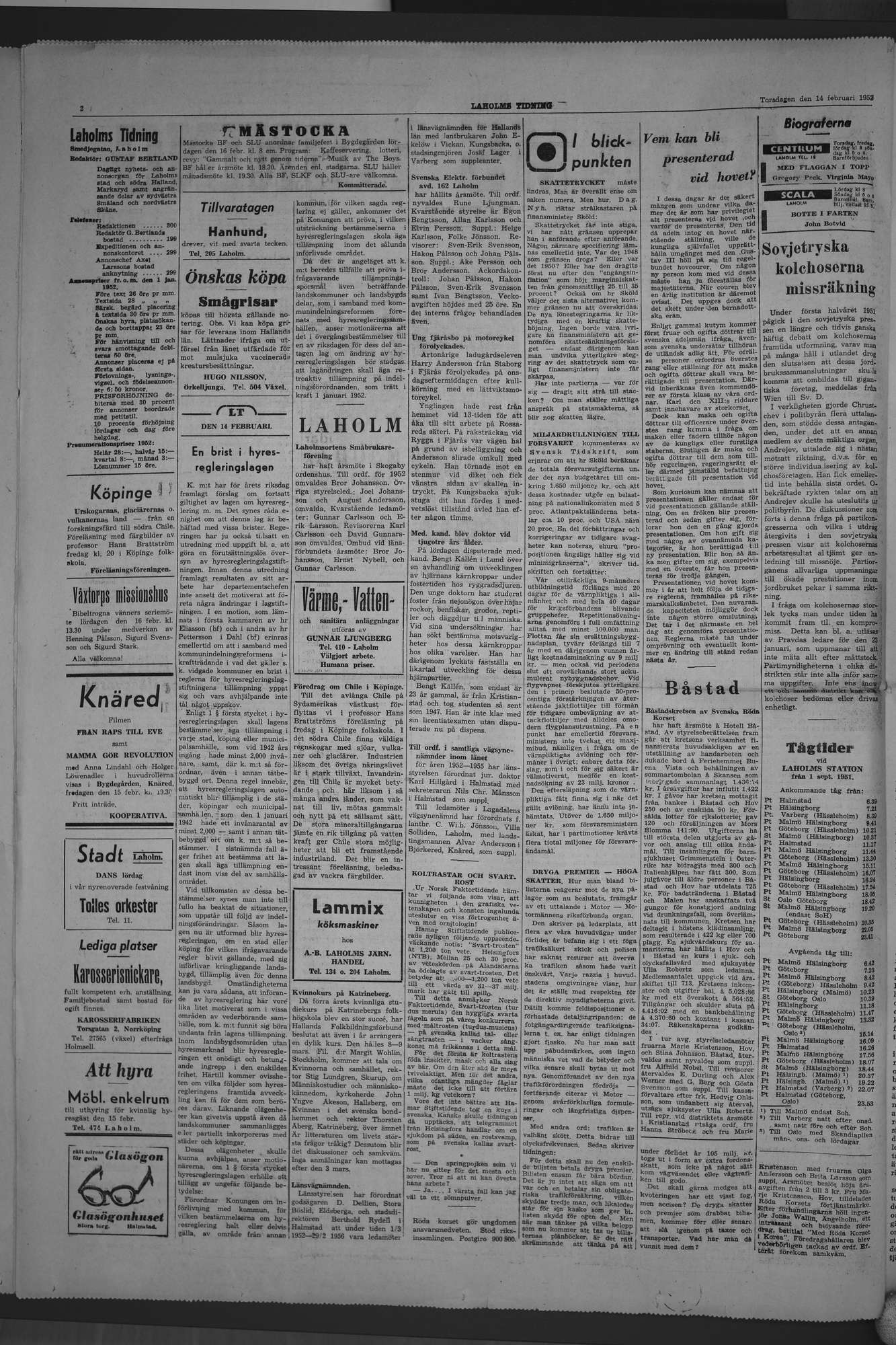 Laholms Tidning Torsdag 14 februari 1952, sida 2