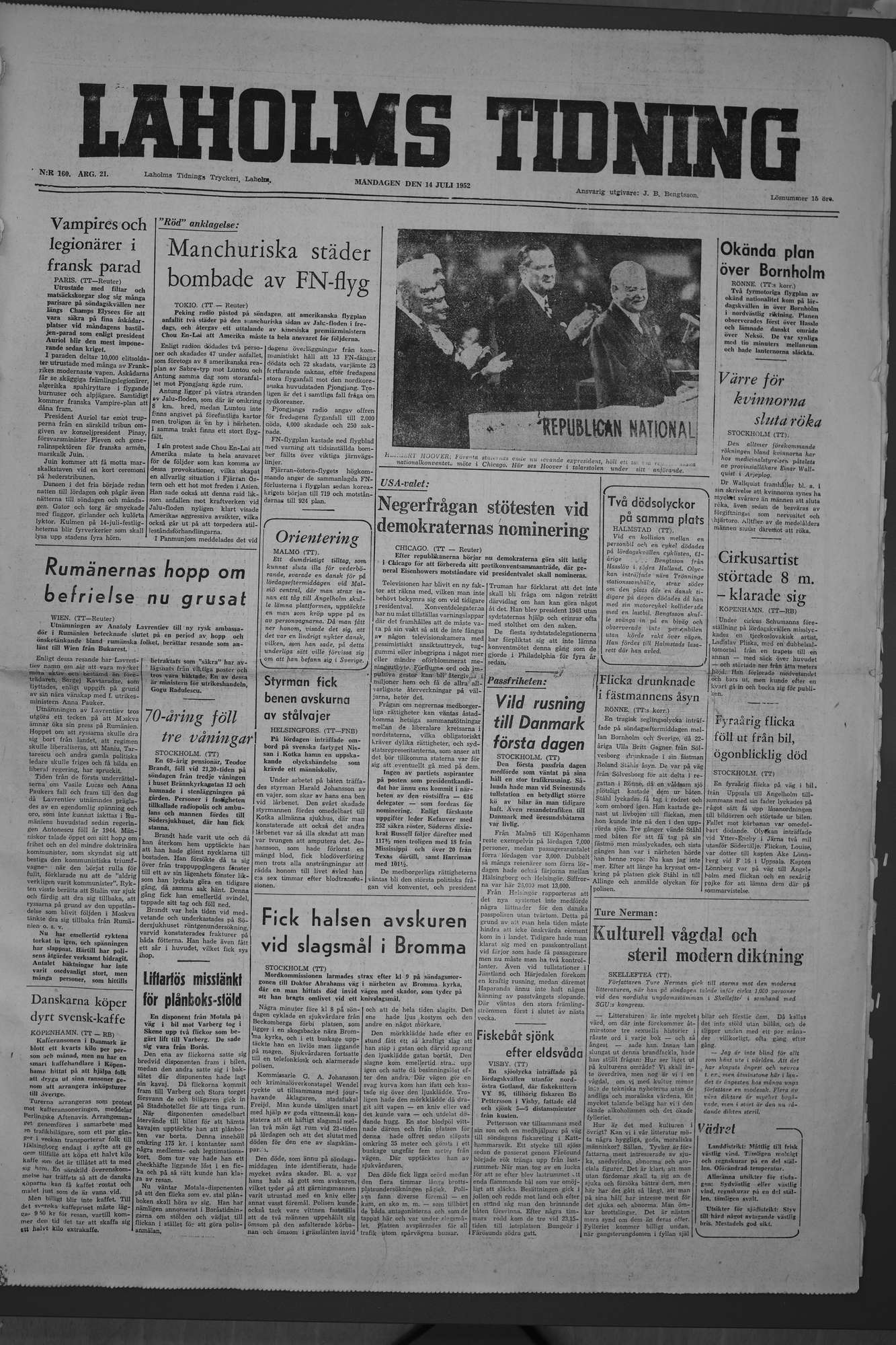 Laholms Tidning Måndag 14 juli 1952, sida 1