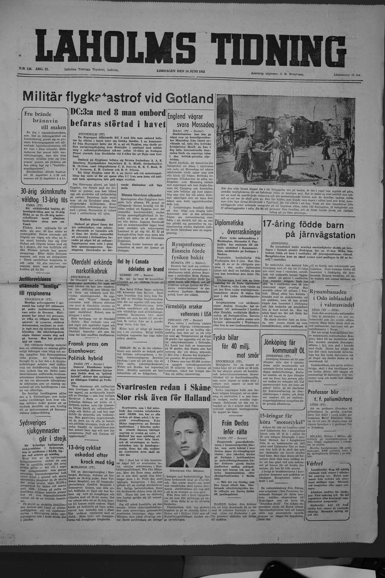 Laholms Tidning Lördag 14 juni 1952, sida 1