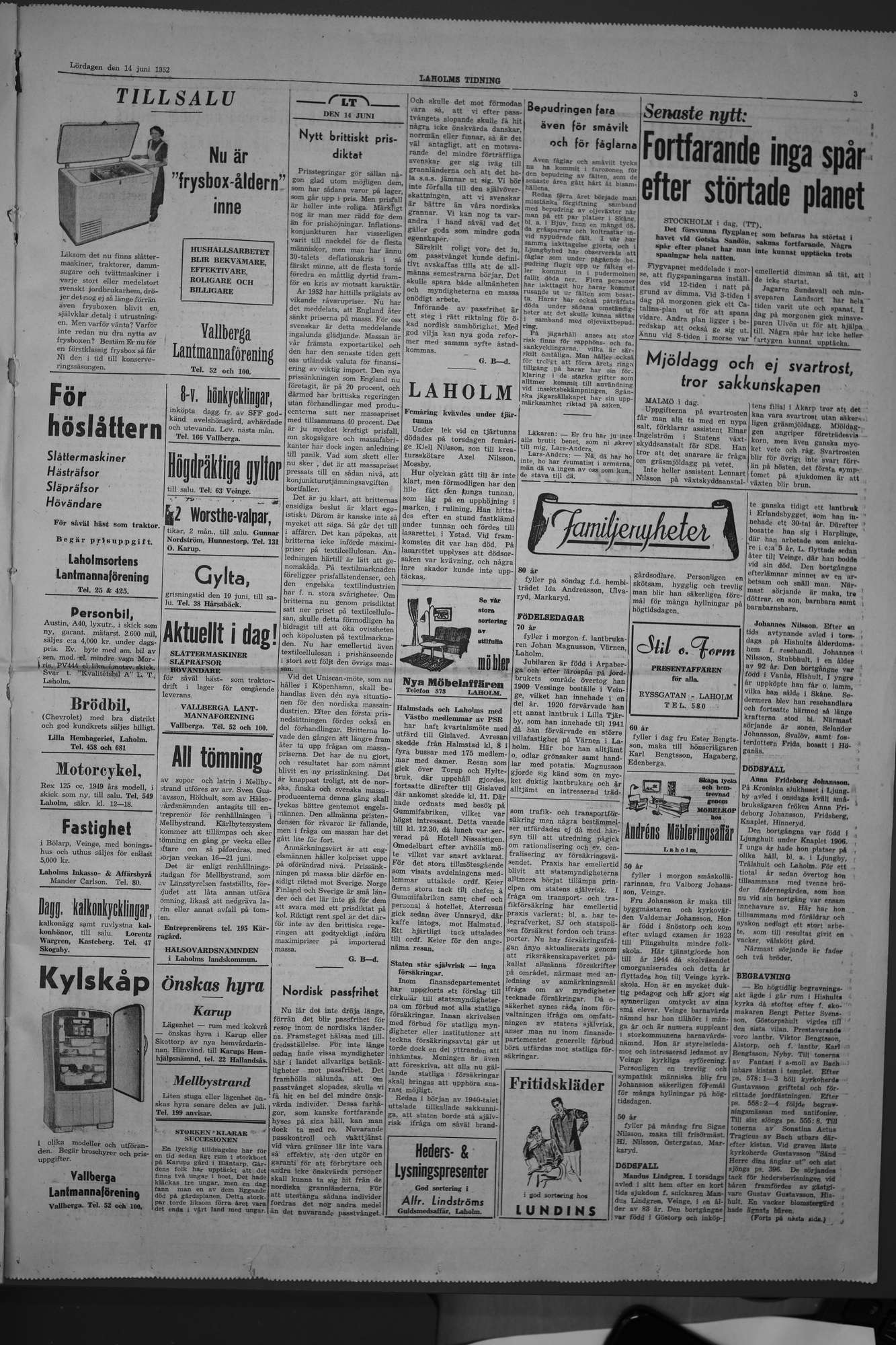 Laholms Tidning Lördag 14 juni 1952, sida 3