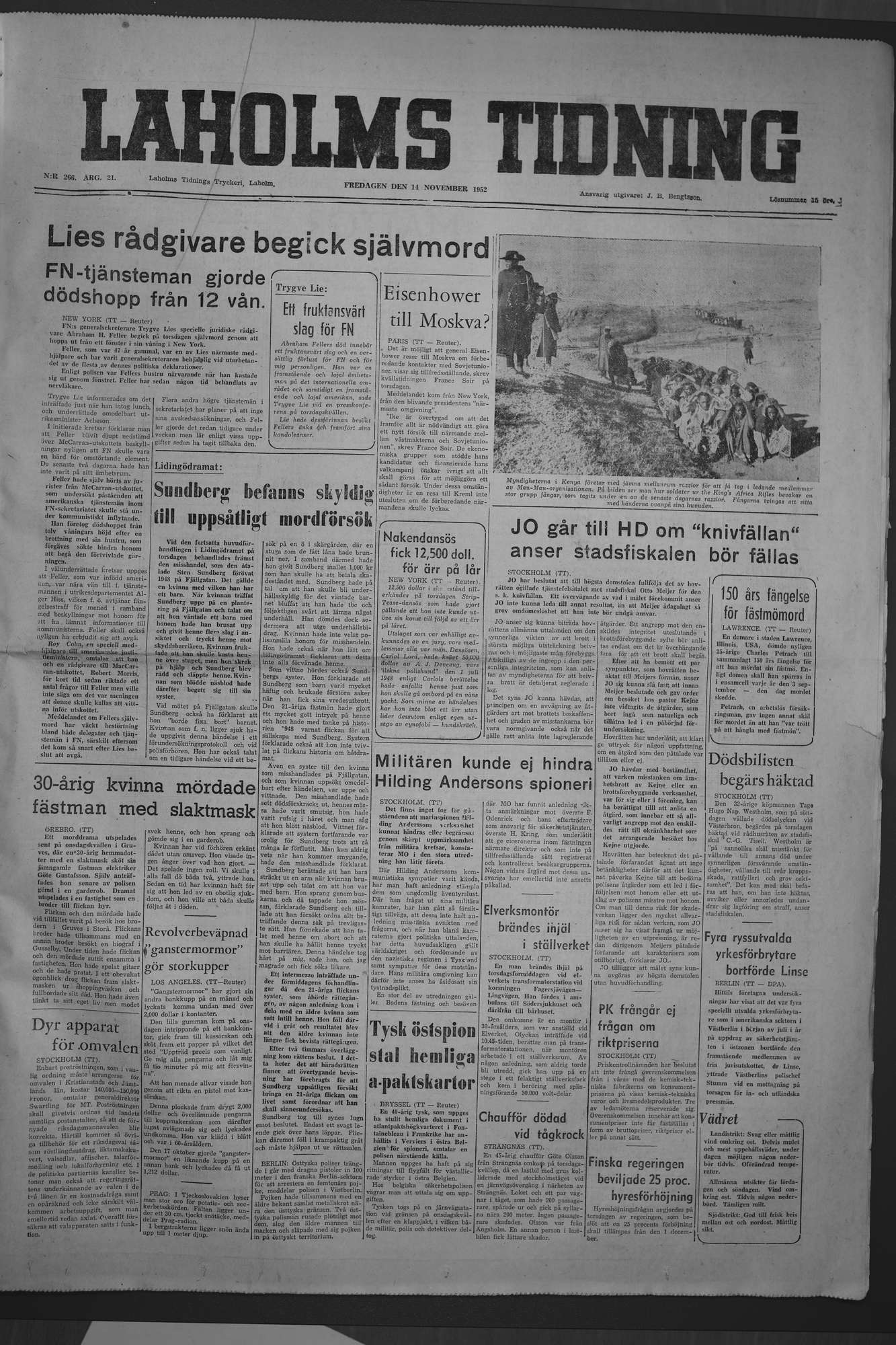 Laholms Tidning Fredag 14 november 1952, sida 1