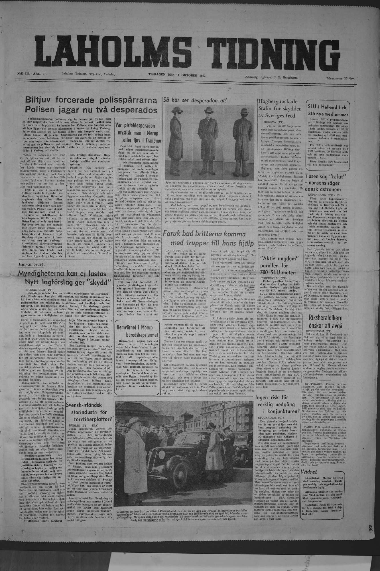 Laholms Tidning Tisdag 14 oktober 1952, sida 1