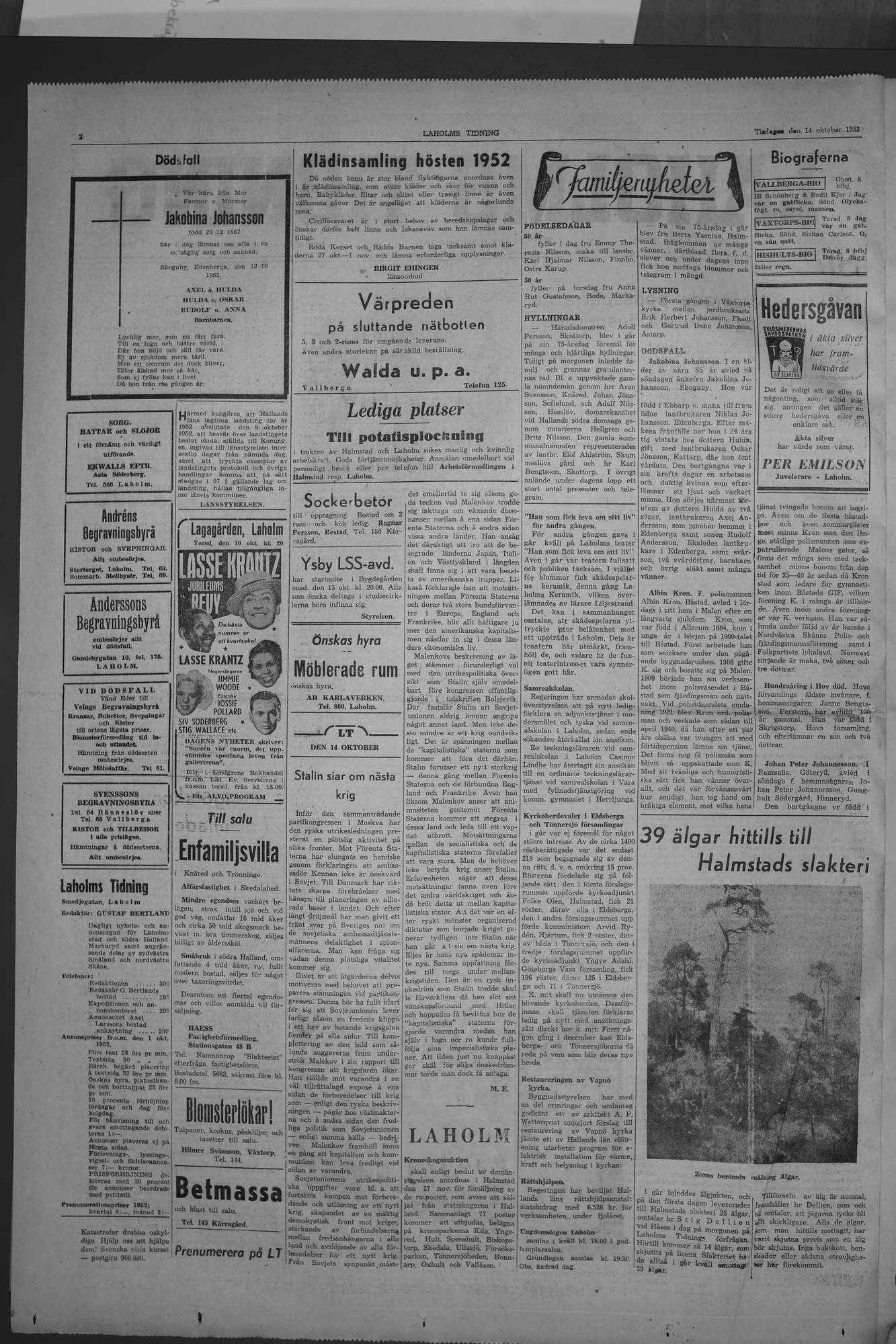Laholms Tidning Tisdag 14 oktober 1952, sida 2