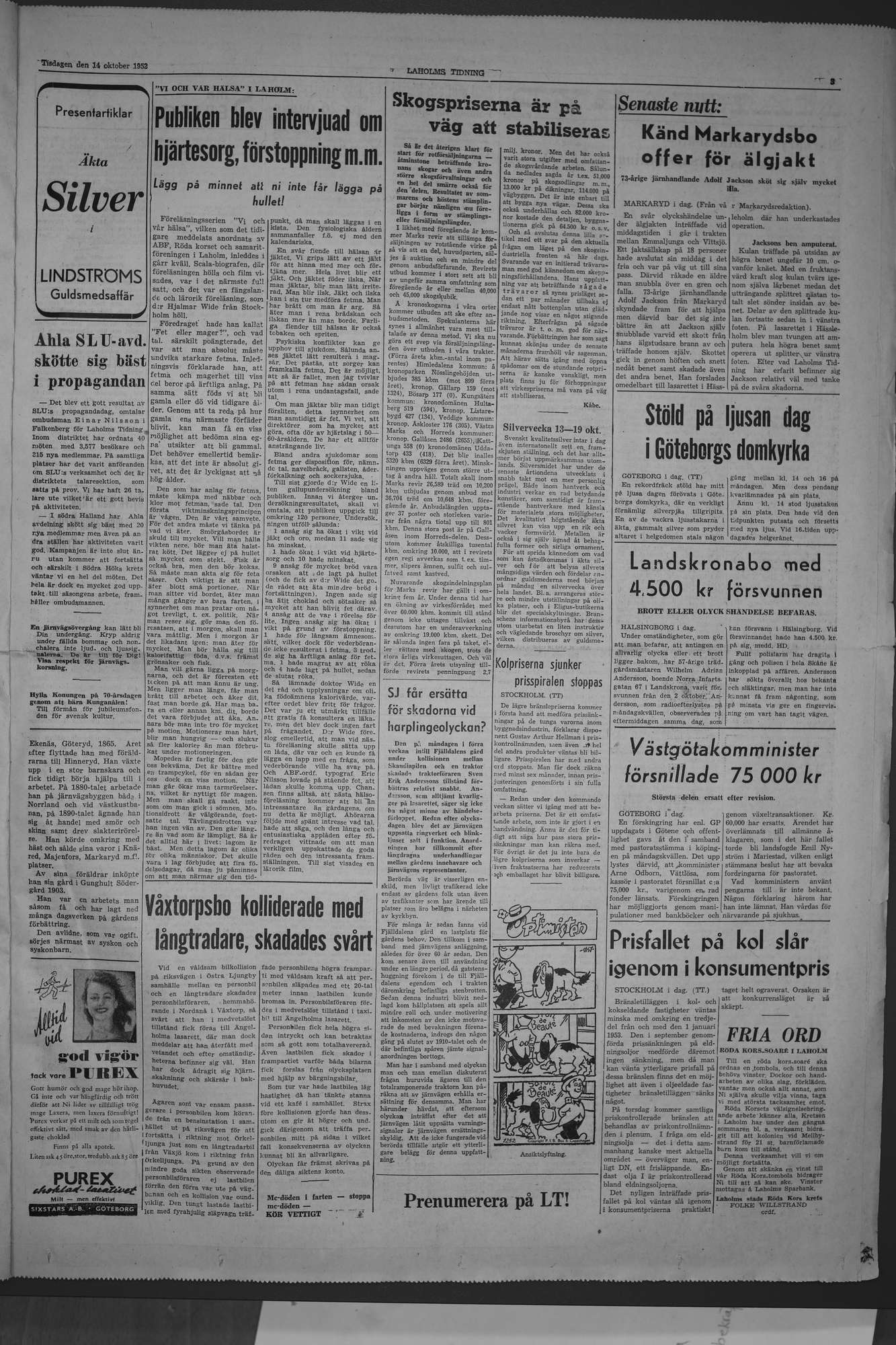 Laholms Tidning Tisdag 14 oktober 1952, sida 3