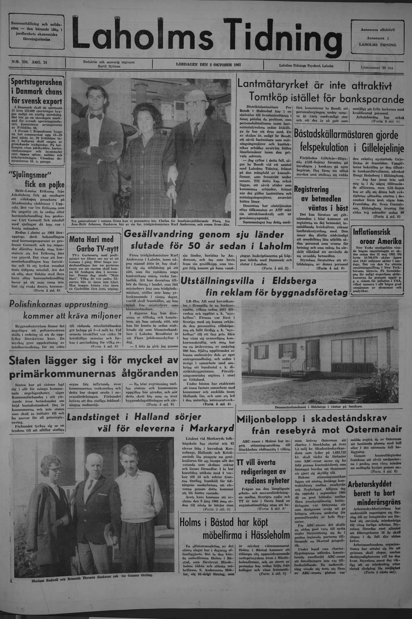 Laholms Tidning Lördag 2 oktober 1965, sida 1