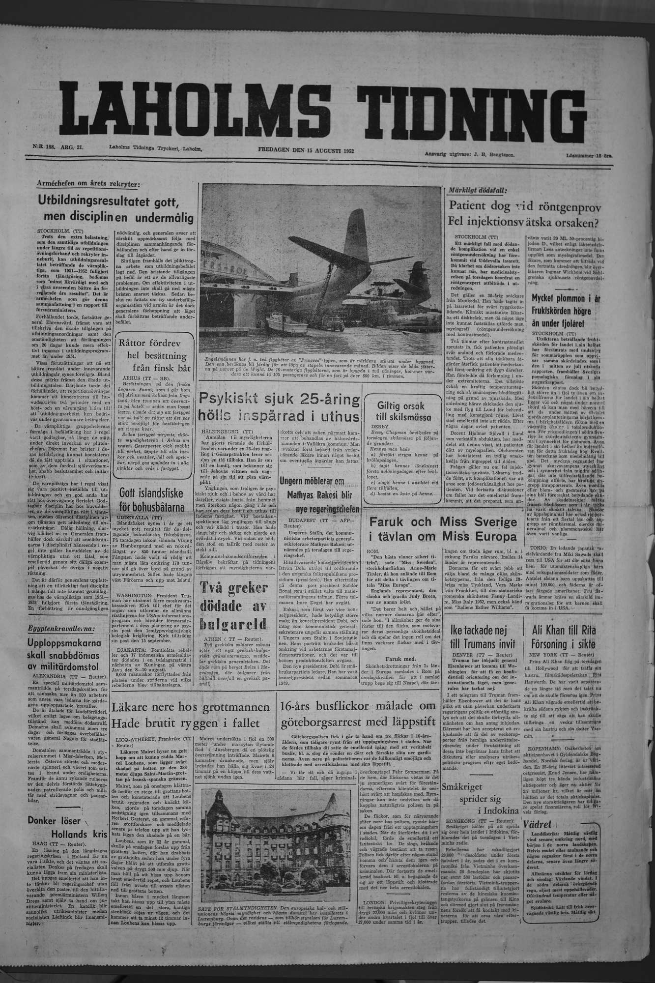 Laholms Tidning Fredag 15 augusti 1952, sida 1