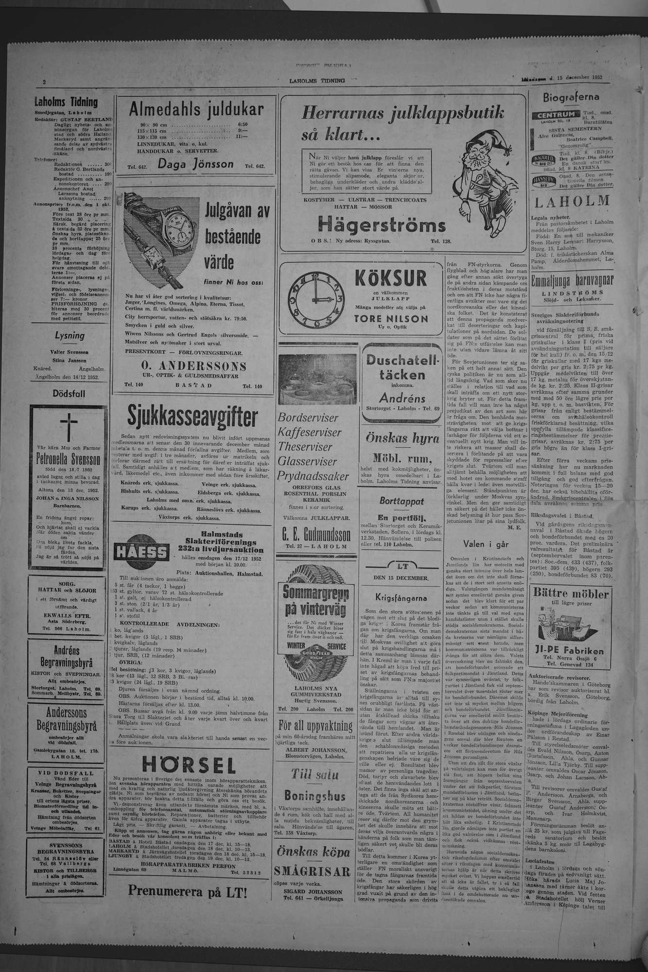 Laholms Tidning Måndag 15 december 1952, sida 2