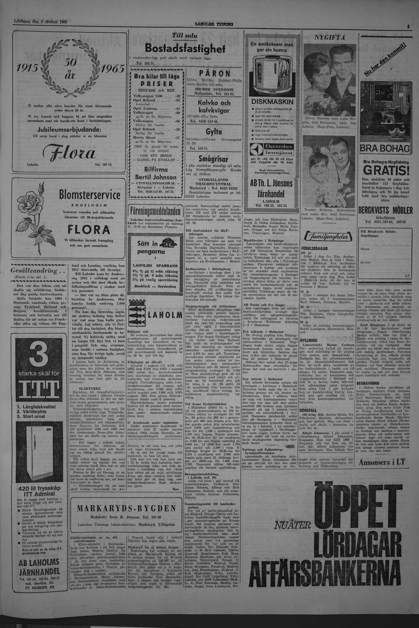 Laholms Tidning Lördag 2 oktober 1965, sida 3