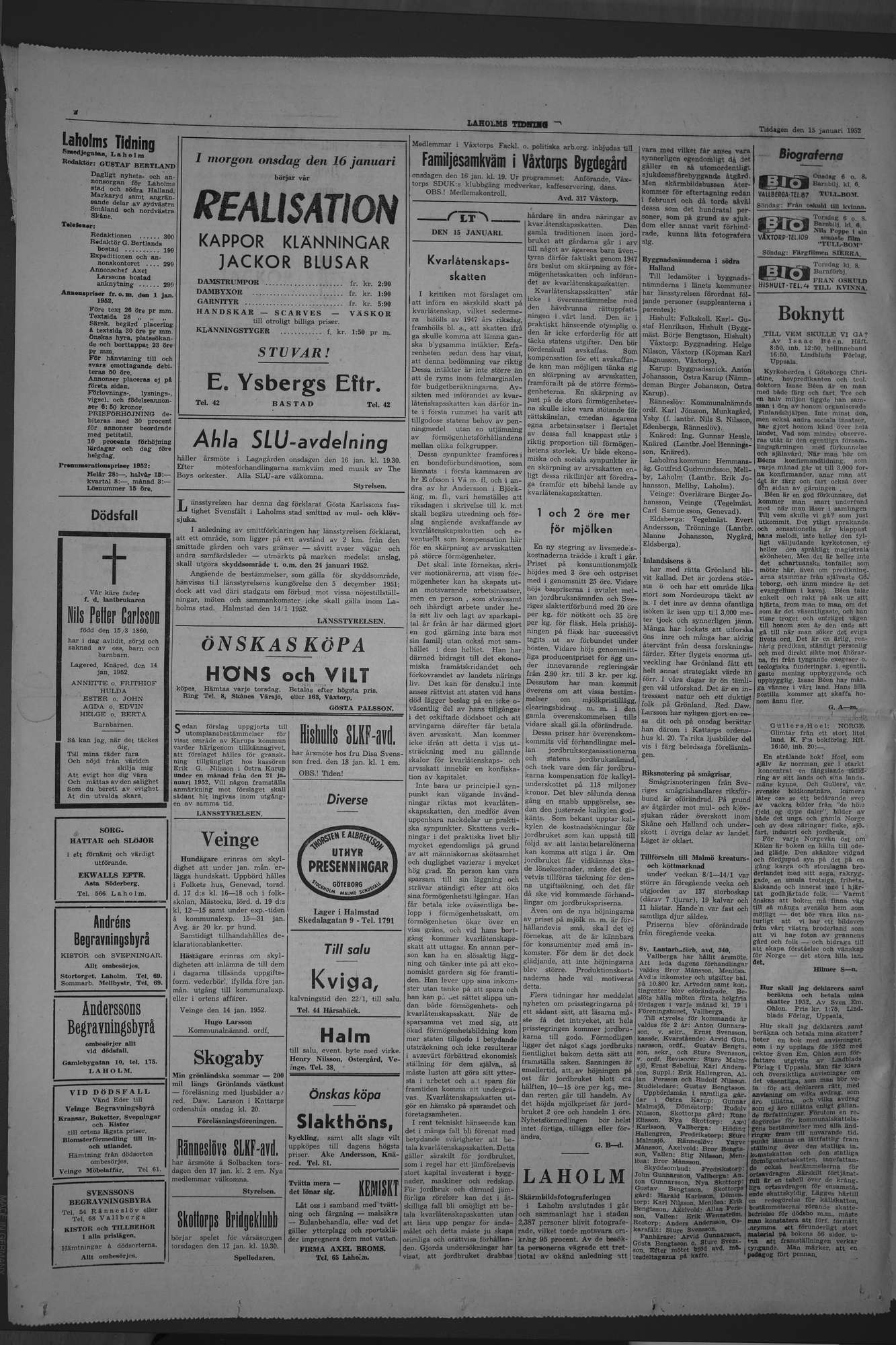 Laholms Tidning Tisdag 15 januari 1952, sida 2
