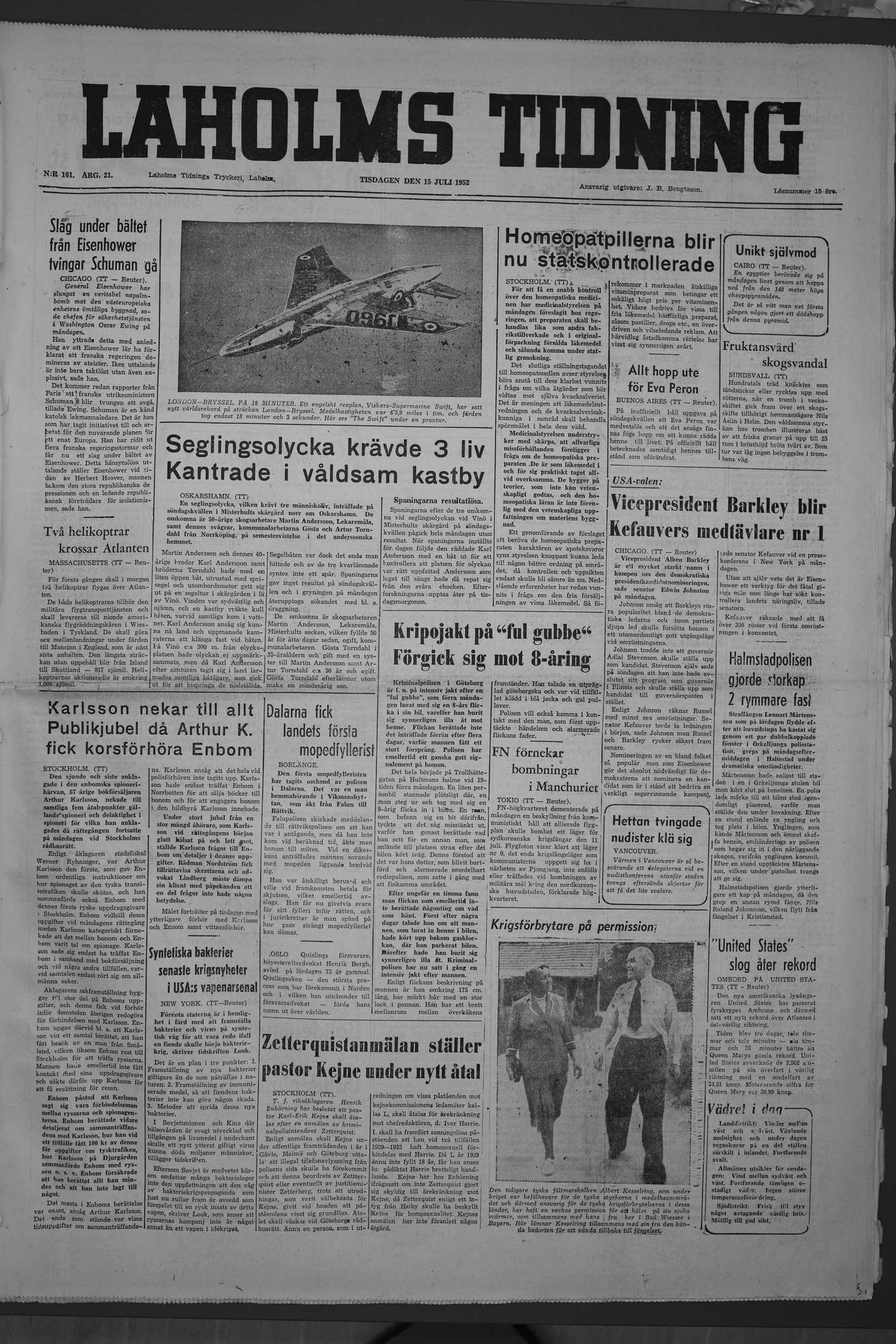 Laholms Tidning Tisdag 15 juli 1952, sida 1