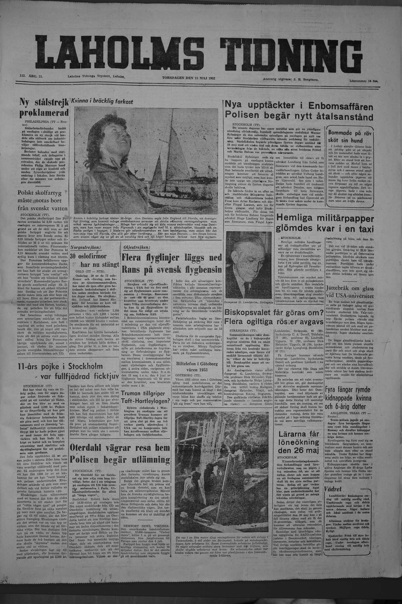 Laholms Tidning Torsdag 15 maj 1952, sida 1