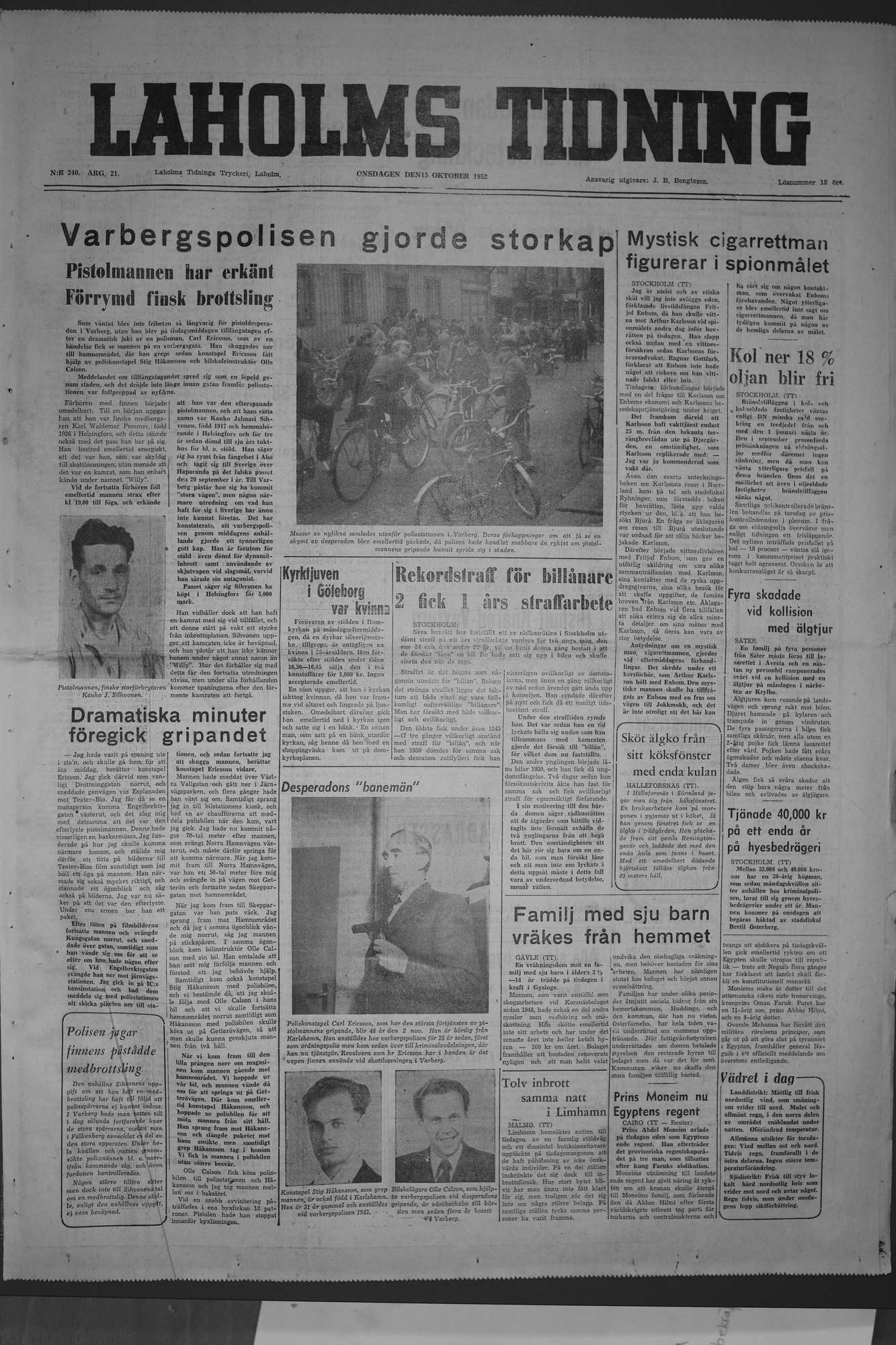 Laholms Tidning Onsdag 15 oktober 1952, sida 1