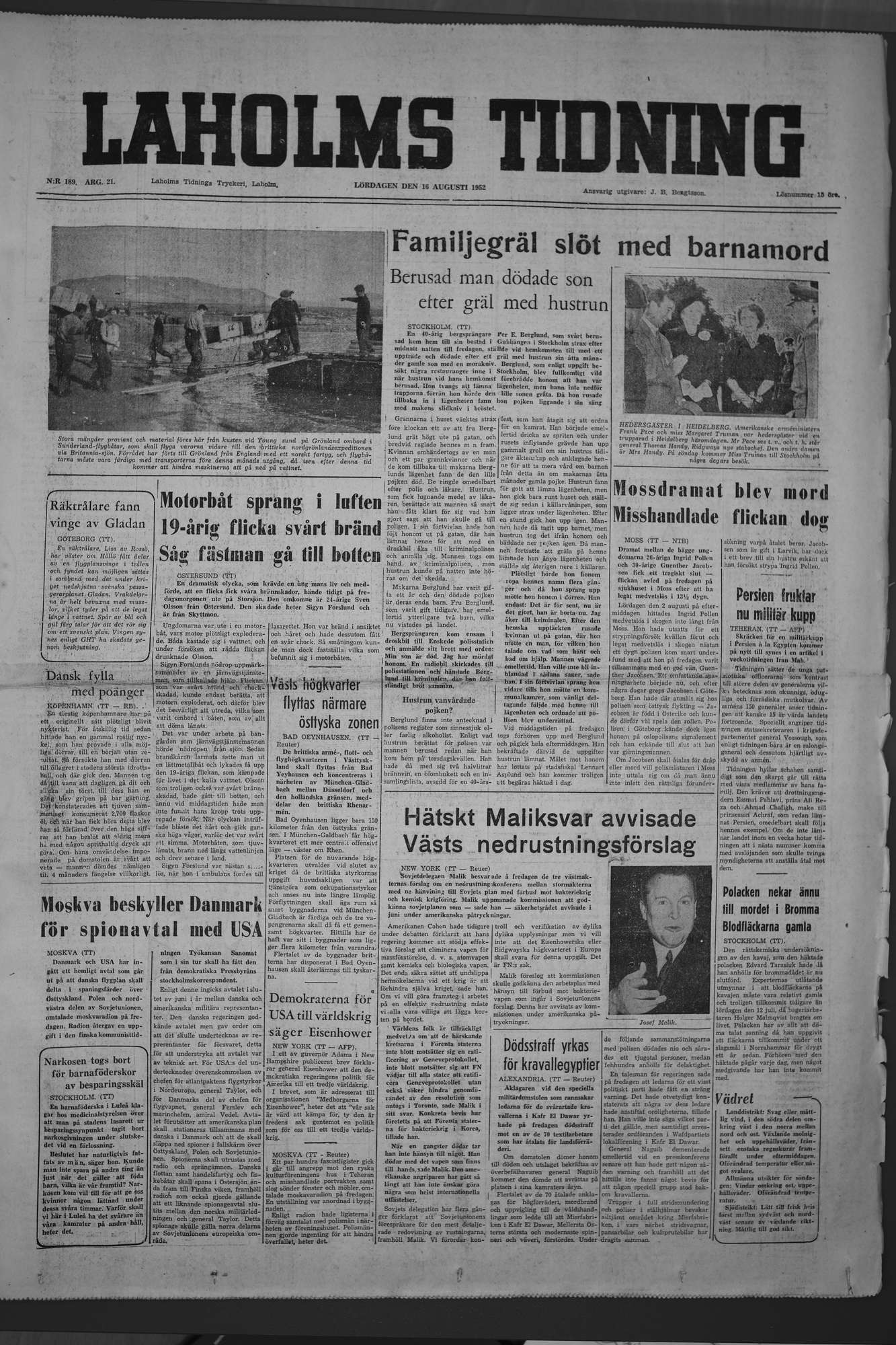 Laholms Tidning Lördag 16 augusti 1952, sida 1
