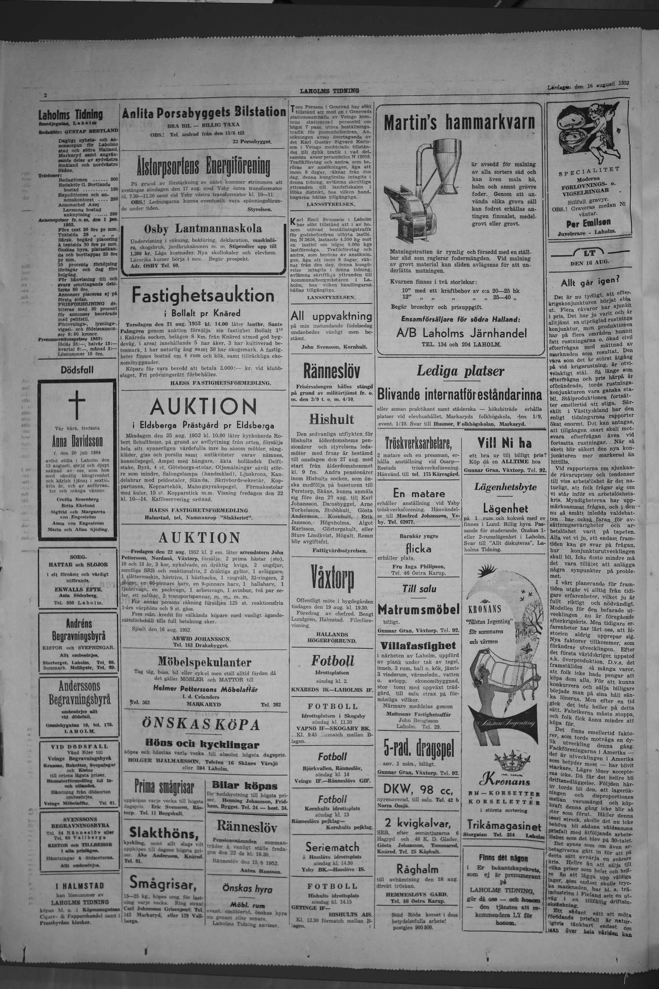 Laholms Tidning Lördag 16 augusti 1952, sida 2
