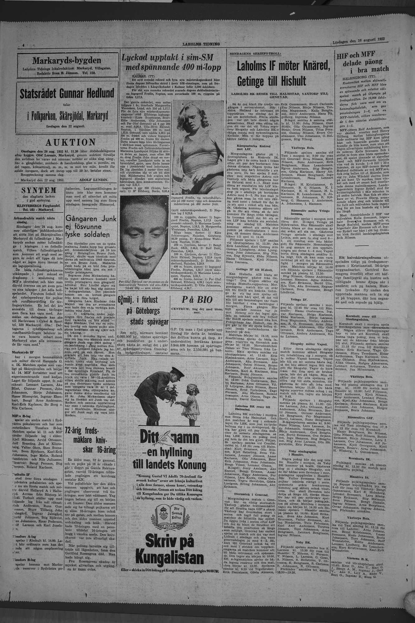 Laholms Tidning Lördag 16 augusti 1952, sida 4