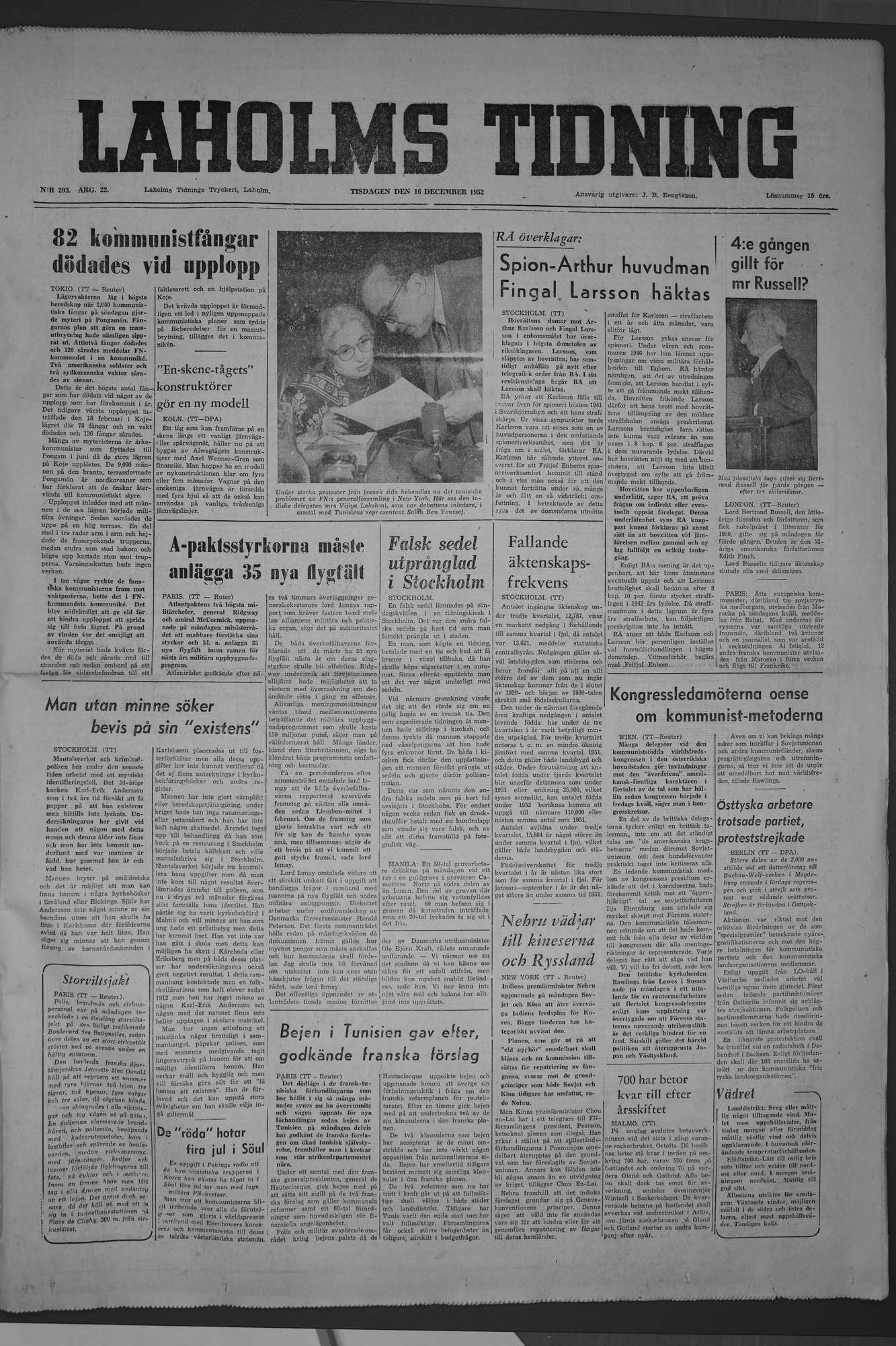 Laholms Tidning Tisdag 16 december 1952, sida 1