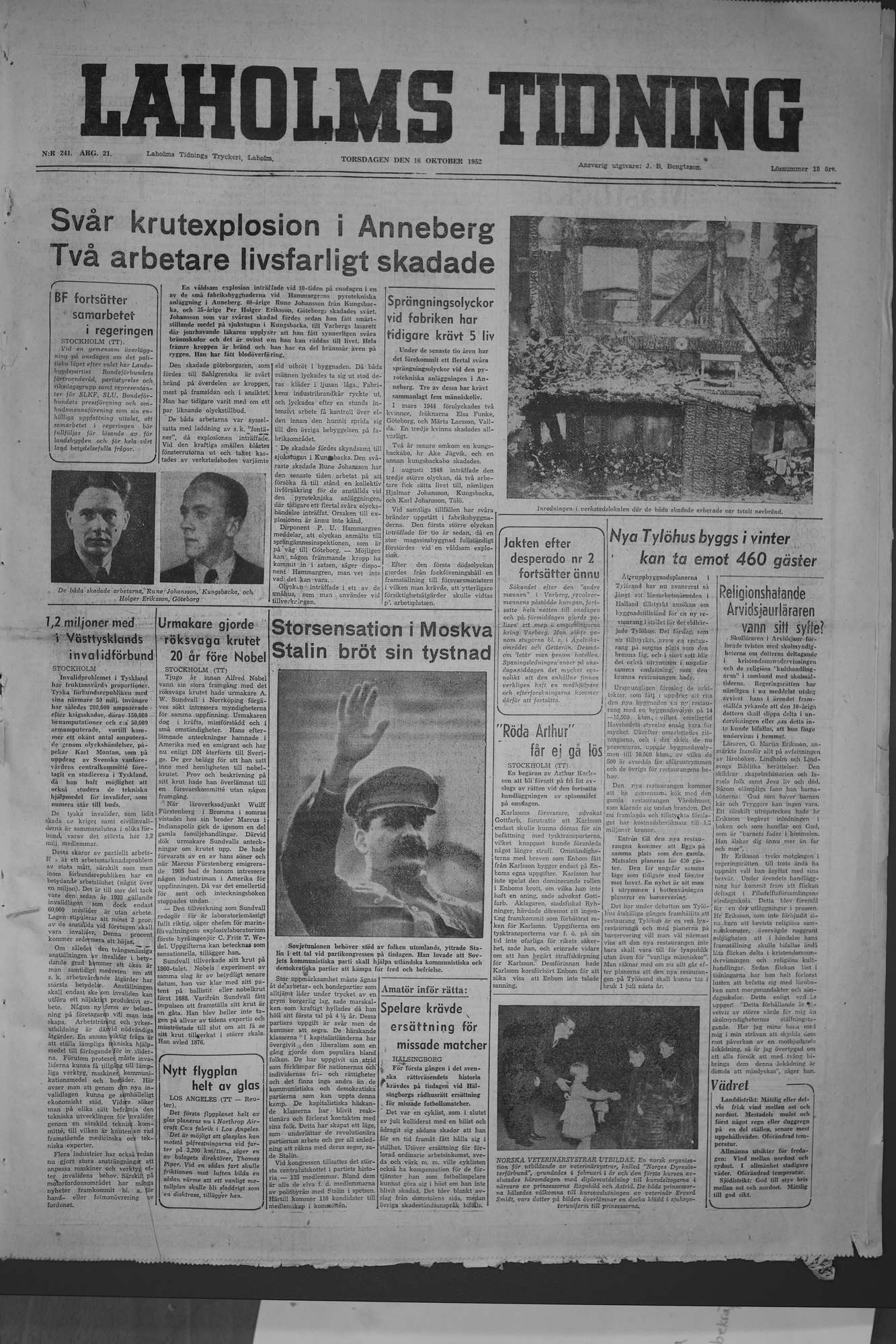Laholms Tidning Torsdag 16 oktober 1952, sida 1