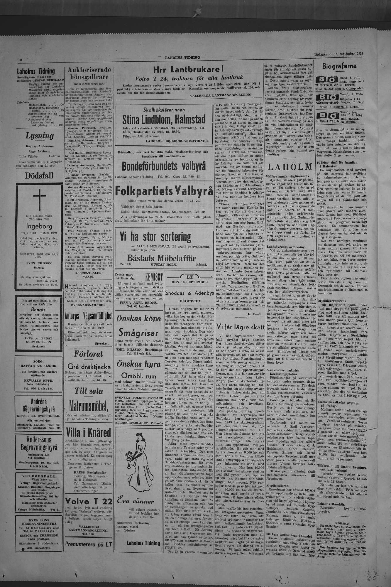 Laholms Tidning Tisdag 16 september 1952, sida 2