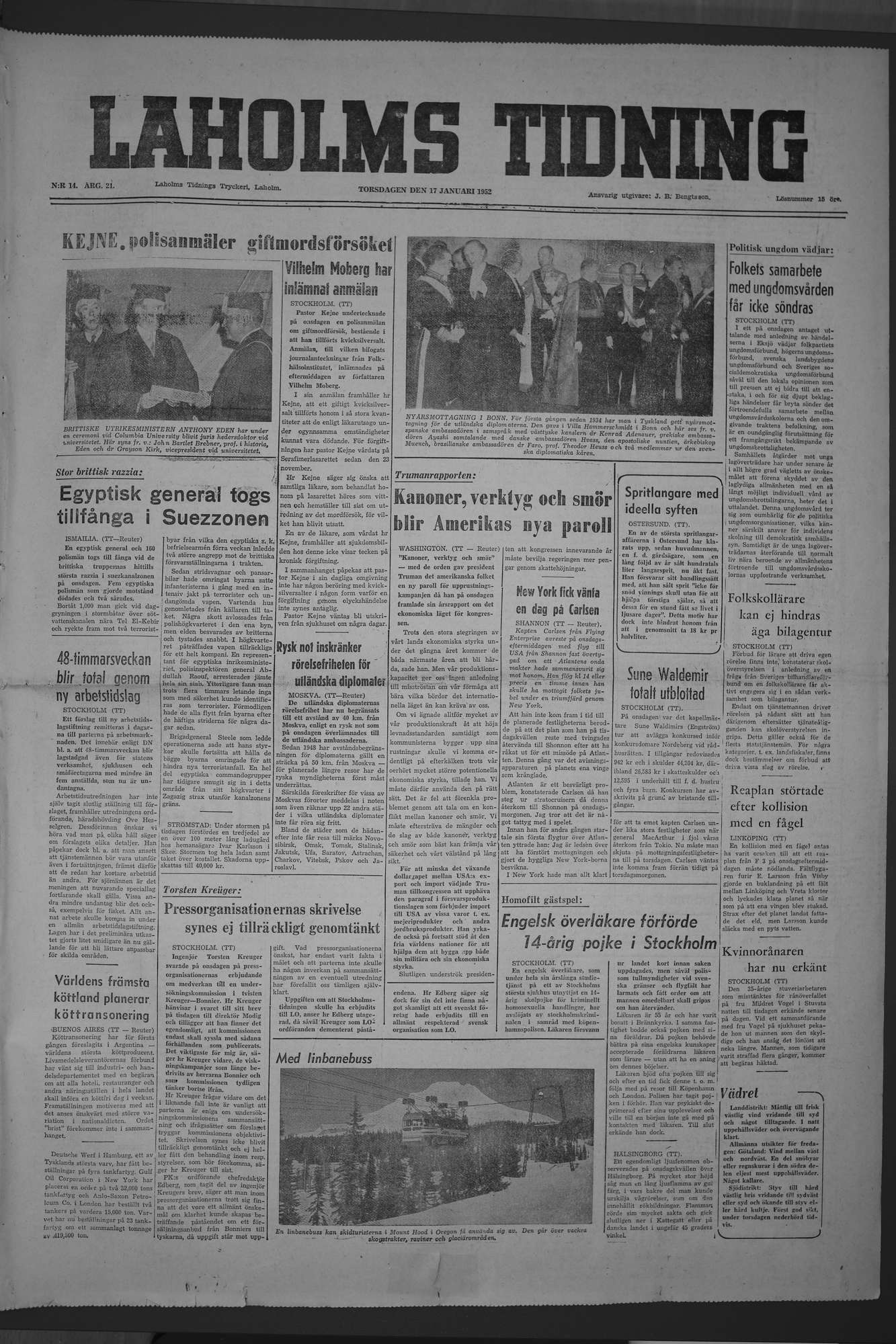 Laholms Tidning Torsdag 17 januari 1952, sida 1