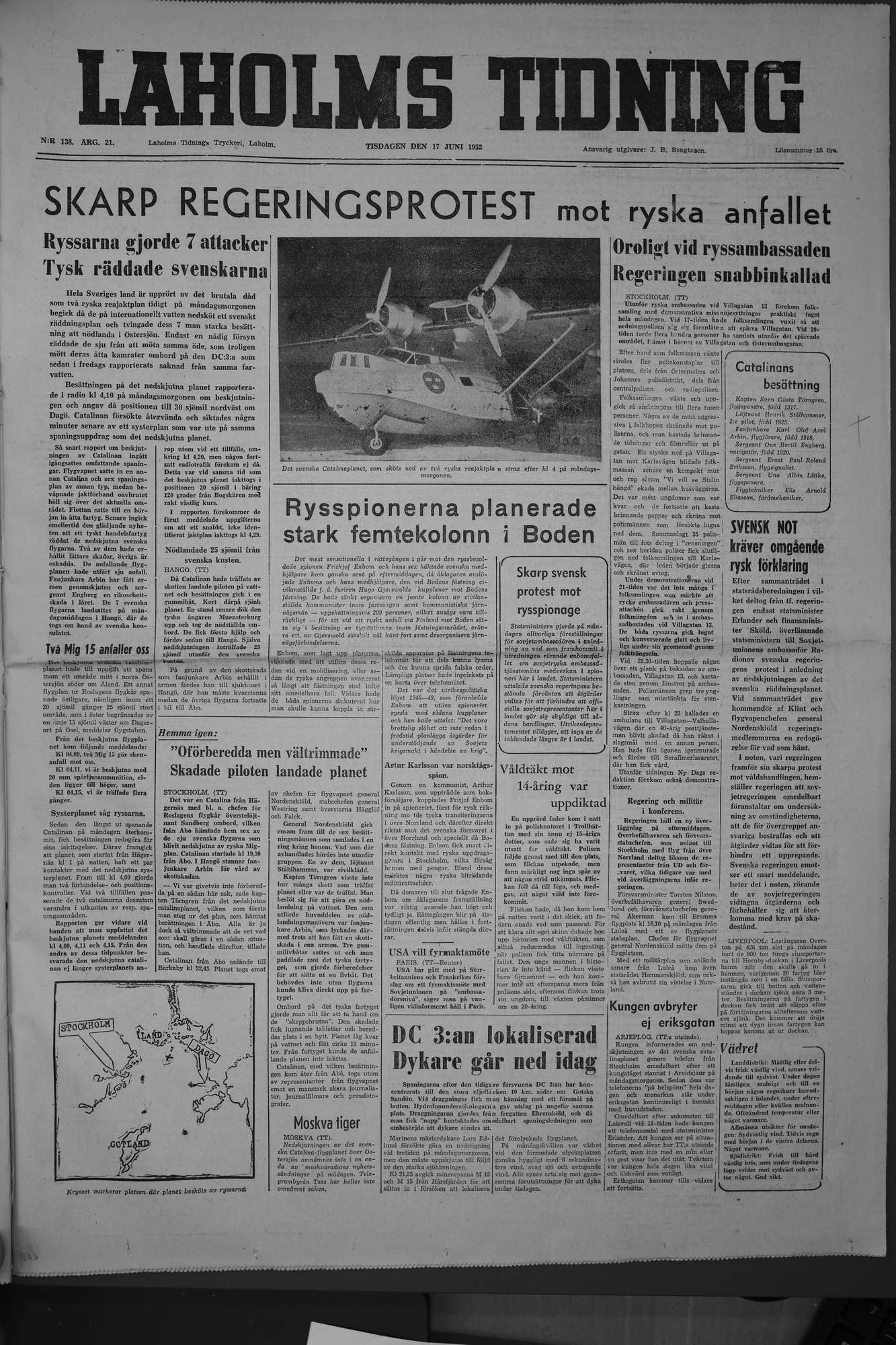Laholms Tidning Tisdag 17 juni 1952, sida 1