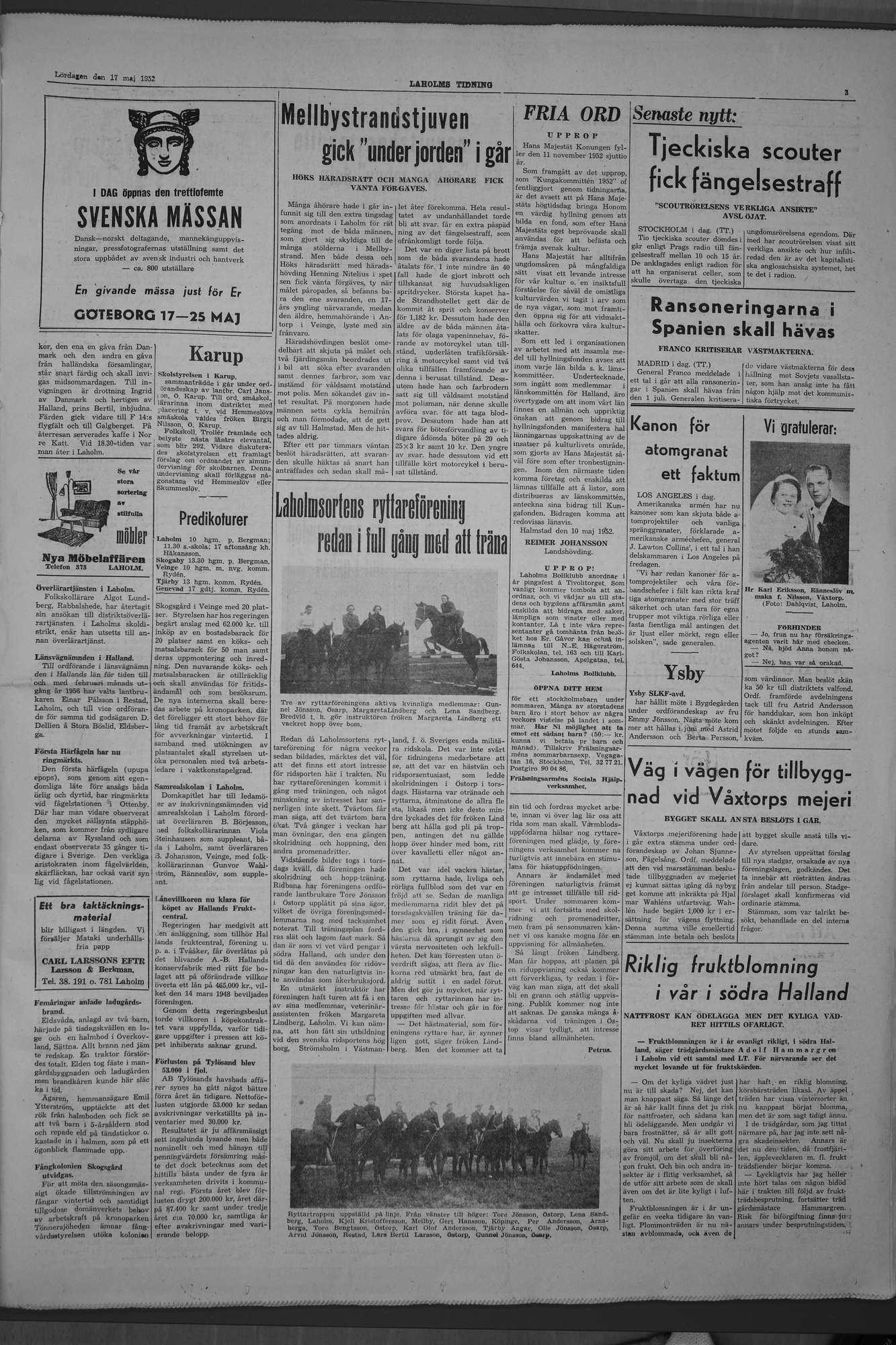 Laholms Tidning Lördag 17 maj 1952, sida 3