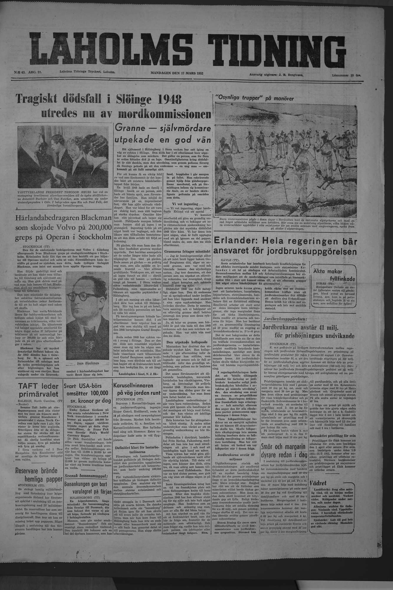 Laholms Tidning Måndag 17 mars 1952, sida 1
