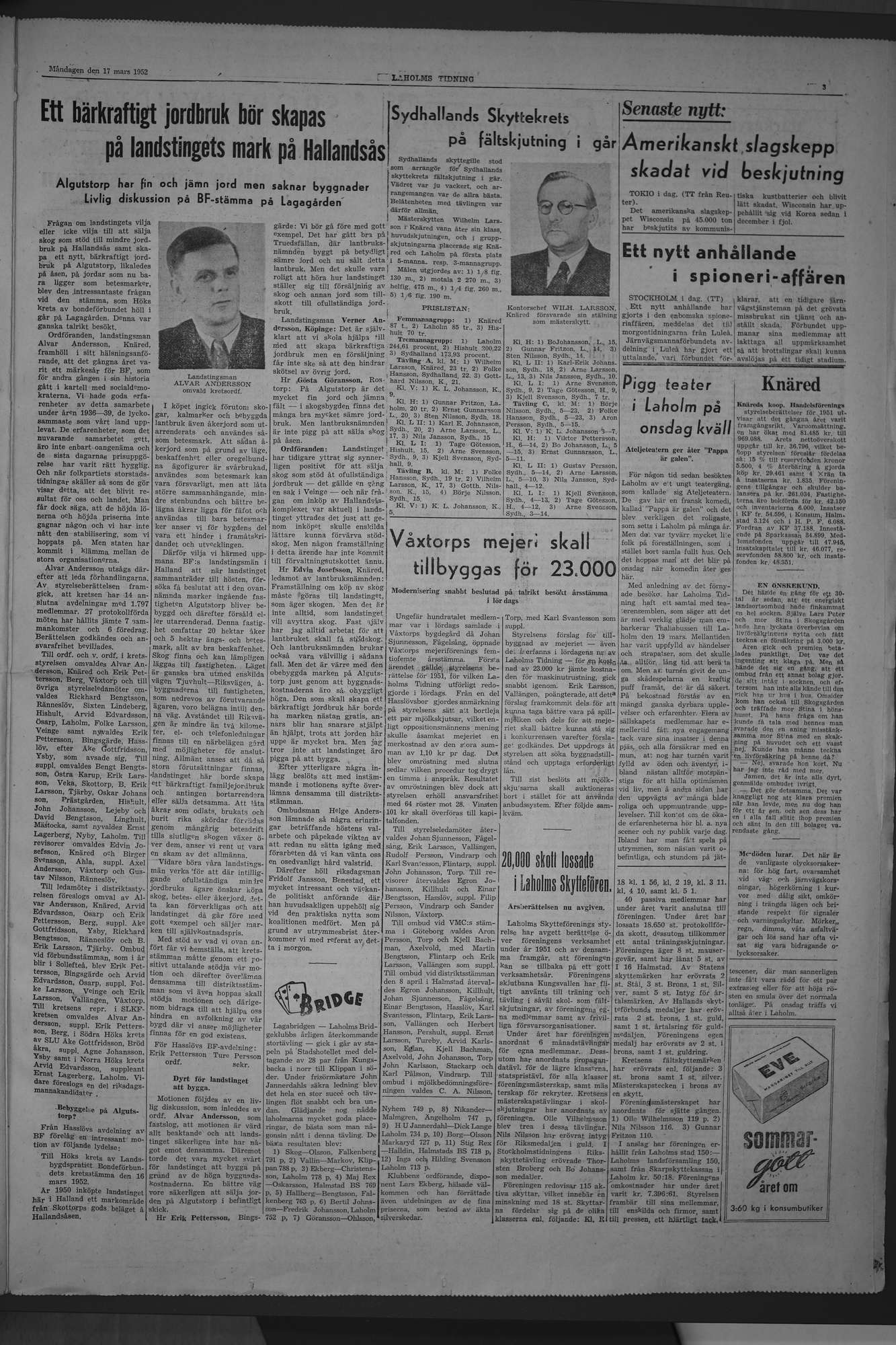 Laholms Tidning Måndag 17 mars 1952, sida 3