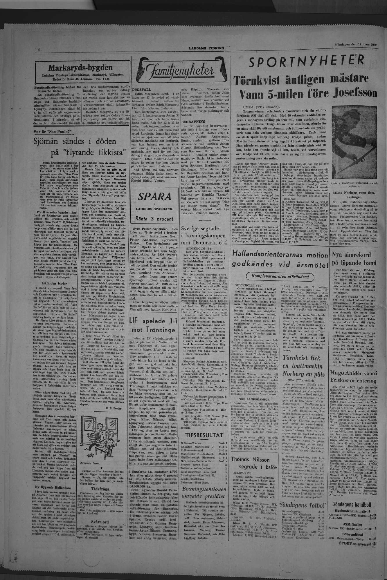 Laholms Tidning Måndag 17 mars 1952, sida 4