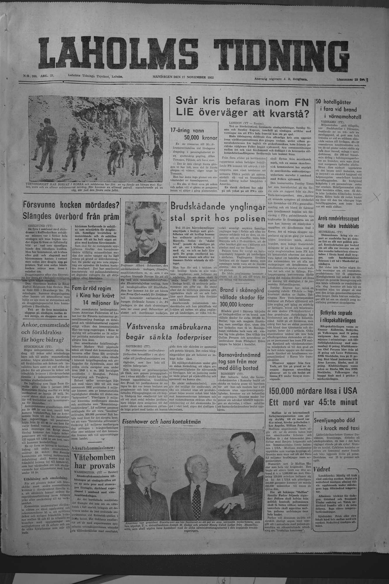 Laholms Tidning Måndag 17 november 1952, sida 1