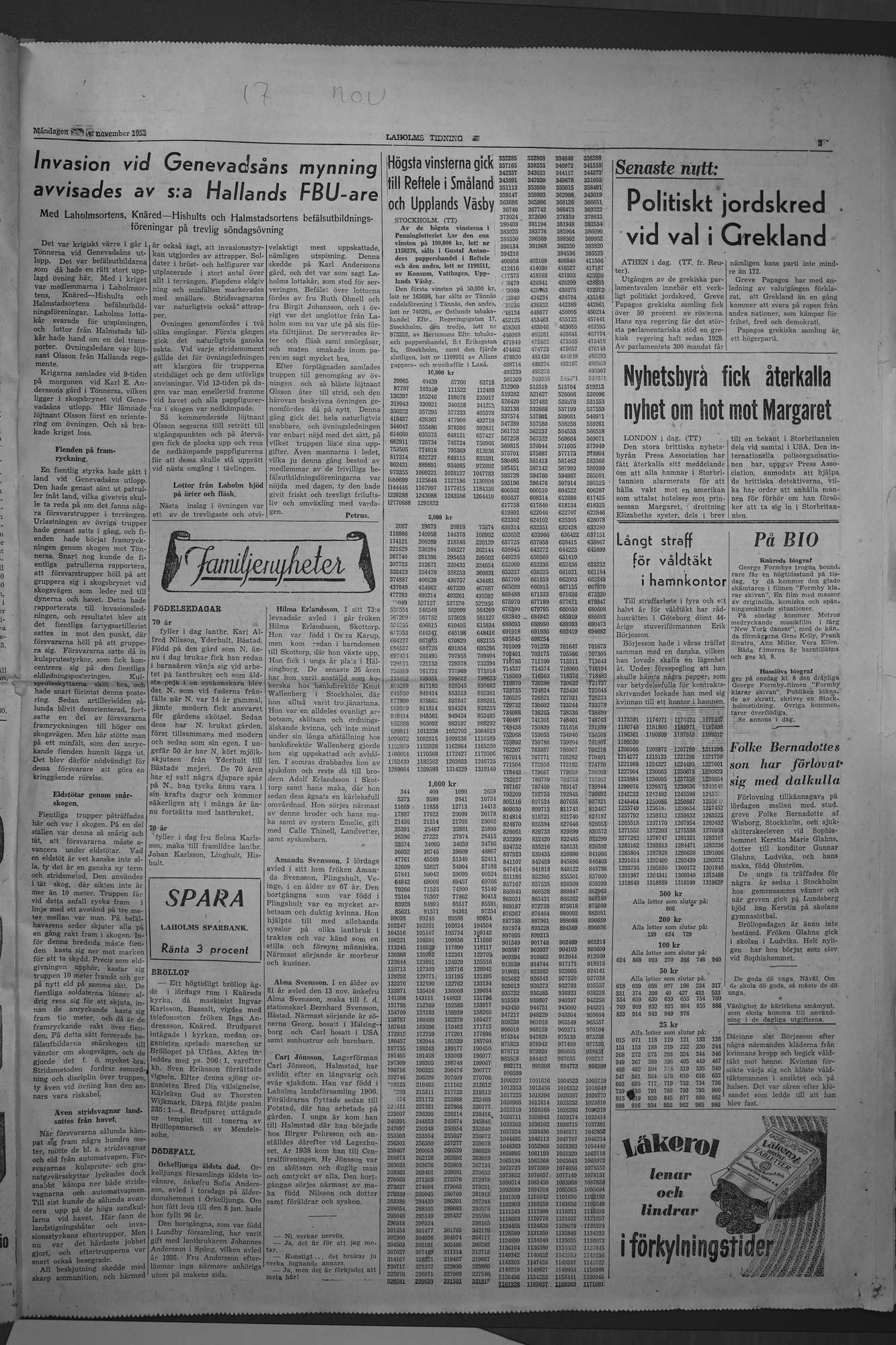 Laholms Tidning Måndag 17 november 1952, sida 3