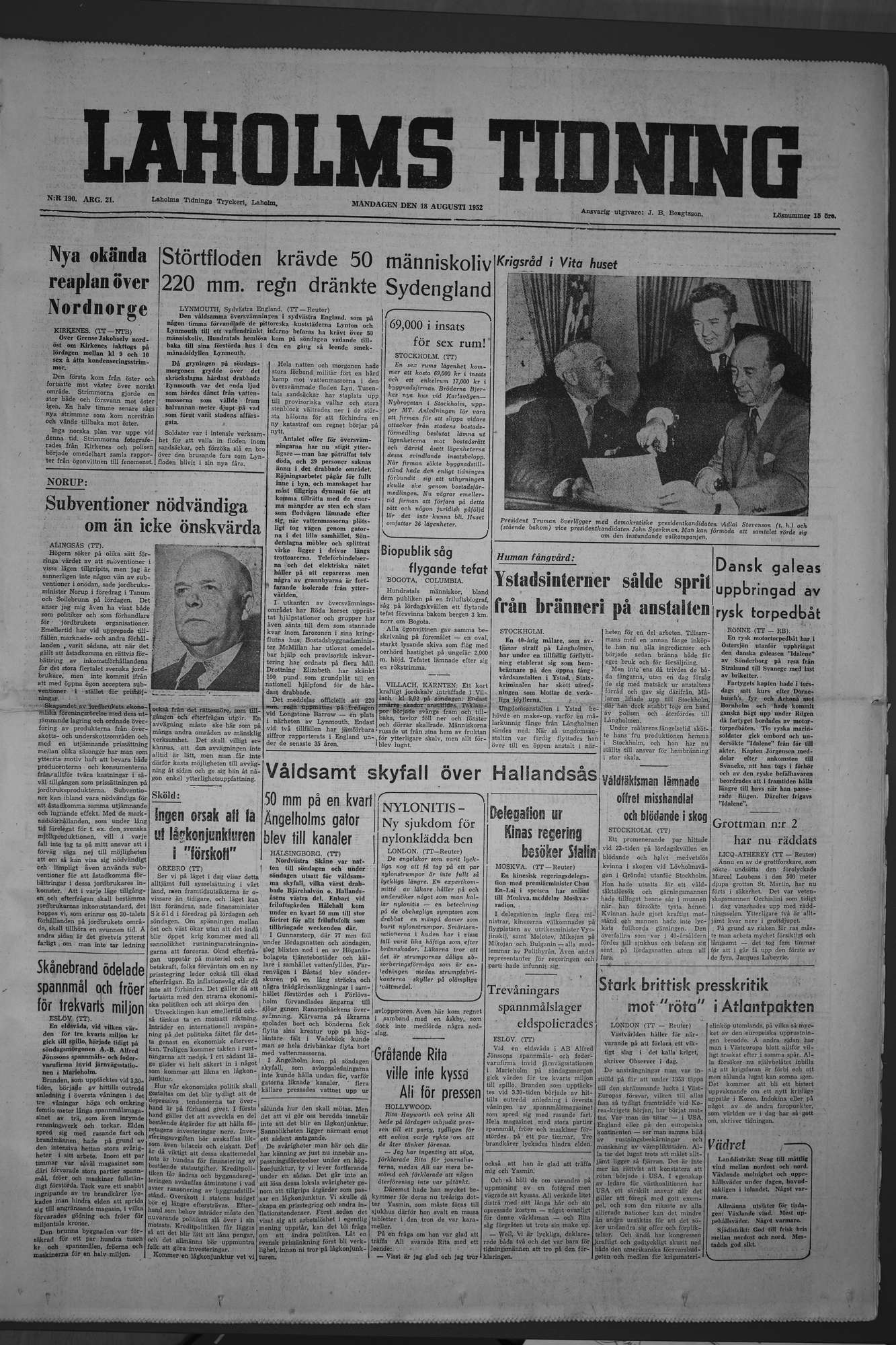 Laholms Tidning Måndag 18 augusti 1952, sida 1