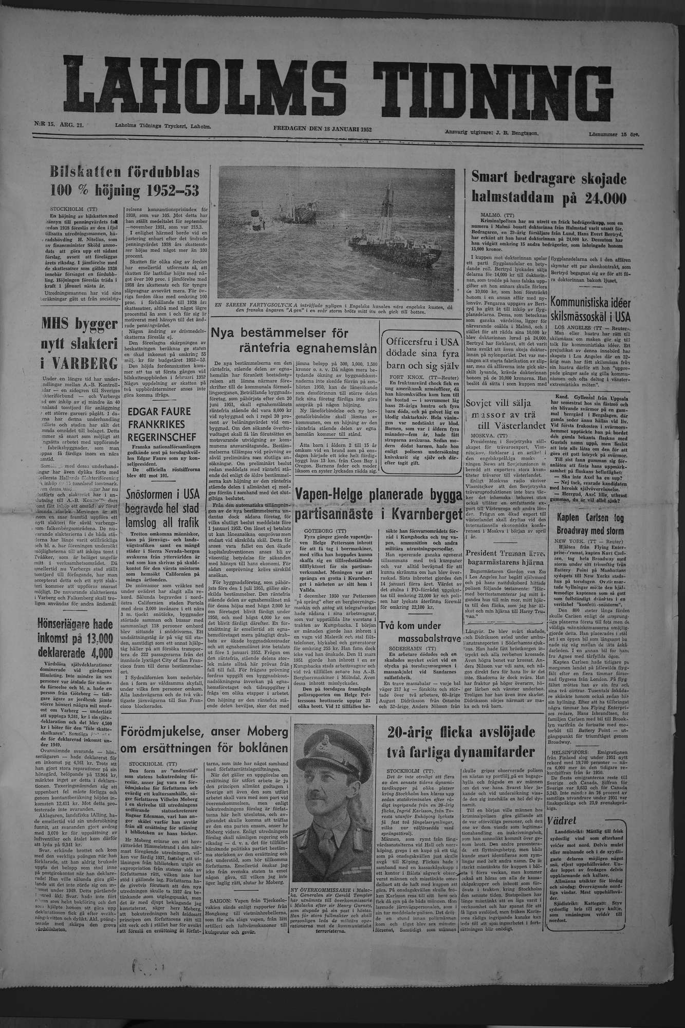 Laholms Tidning Fredag 18 januari 1952, sida 1